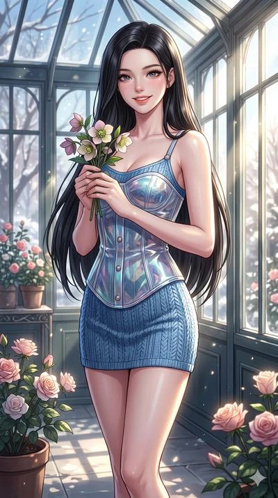 score_9, masterpiece, best quality, ultra-detailed, high-budget anime keyframe, vibrant anime aesthetic, Korean woman. cowboy shot from the thighs up, character and outfit filling the frame for maximum presence. She is holding a winter flower, smilin
