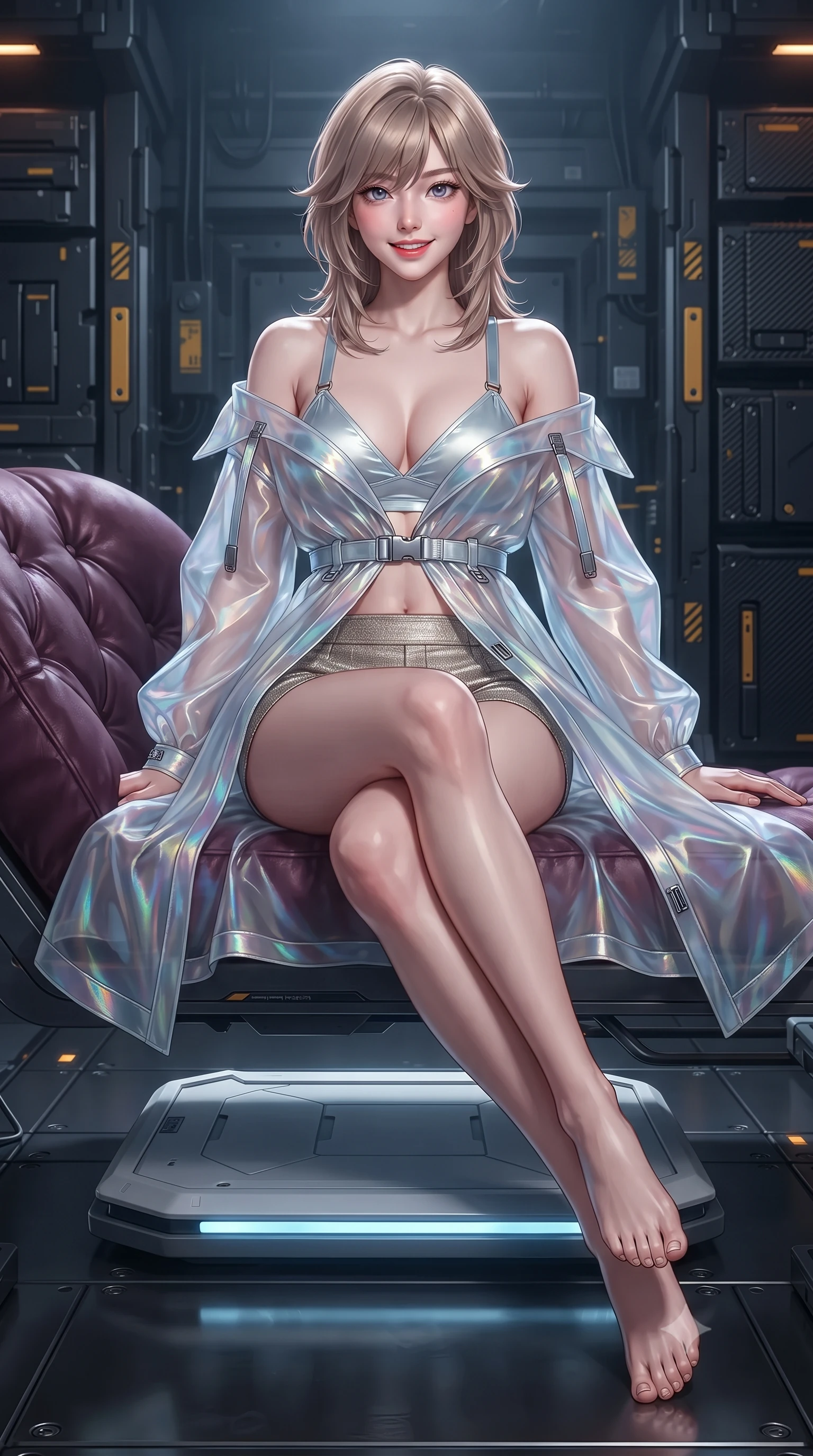 score_9, masterpiece, best quality, ultra-detailed, high-budget anime keyframe, editorial fashion photography, tasteful artistic composition, Korean woman. low angle full-body shot from head to toe showing her feet, filling the entire 9:16 vertical frame with her statuesque presence, stretching her vertical silhouette. reclining gracefully across the plush chaise lounge with one leg extended, her sculpted silhouette and flat midriff radiating magnetic nocturnal glamour while sitting gracefully on the floating magnetic inspection platform with legs crossed, flashing a teasing smile with parted glossy lips. The surrounding environment is rendered in vivid detail and crisp panoramic clarity: sharp tungsten-carbide sabot penetrator tips, yellow magnetic lock indicators, and heavy carbon-fiber rack bulkheads in deep focus. She has an exceptionally tall and slender model-like 8.5-heads proportion, an ultra-slim waist, a flat toned midriff, narrow delicate ribcage, and beautifully sculpted feminine hips creating a graceful, slim hourglass silhouette without any bulky heaviness, with impossibly long slender legs. sharp v-shaped jawline, high-bridge nose, intricate jewel-like sparkling eyes with depth, thick eyelashes, glossy parted lips with a natural peach sheen, bright cheerful beaming smile with an enchanting and coquettish sensual glint, exuding both youthful cute charm and seductive allure, flawlessly proportioned anatomical accuracy, strict slender model proportions, natural body alignment, perfectly sculpted long slender limbs, ultra-slim waistline, clean dynamic posture without body distortion. wearing a translucent iridescent organza tactical robe slipping off bare shoulders over a matching satin micro-bralette and combat shorts in arctic cryo-glacier ice blue and platinum white, tailored from high-density tech-wool with subtle metallic thread weave, finished with sleek magnetic buckle closures fluttering in the breeze, the form-contouring silhouette accentuating her sculpted flat midriff, narrow delicate ribcage, and gracefully curvy hips with intoxicating allure. illuminated by dark titanium floor reflection bounce and sharp platinum-amber rim lights sculpting her jawline, narrow waist, and curvy hips. ultra-reflective glossy finish, specular highlights, rich textural contrasts, high-contrast stereoscopic depth, volumetric dynamic lighting, 2k, ultra detail, master piece, 9:16 ratio