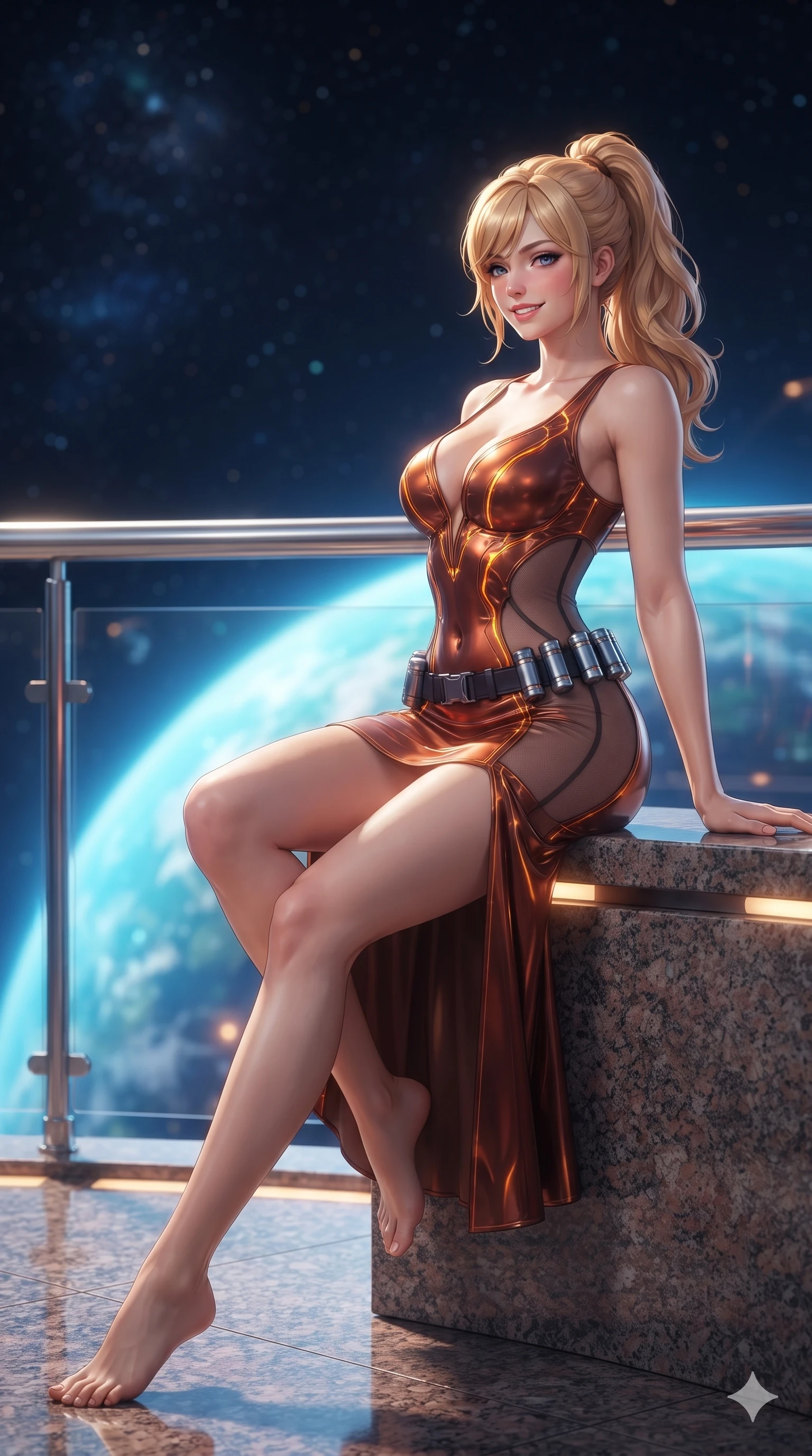 score_9, masterpiece, best quality, ultra-detailed, high-budget anime keyframe, editorial fashion photography, tasteful artistic composition, Caucasian woman. low angle full-body shot from head to toe showing her feet, filling the entire 9:16 vertical frame with her statuesque presence, stretching her vertical silhouette. sitting poised on the polished granite dais with one knee bent, arching her spine with supermodel elegance as she glances upward through thick eyelashes while leaning against the polished platinum balcony balustrade with hips cocked back, gazing into the vast stellar expanse with heavy-lidded seductive bedroom-eyes. The background shows a soft-focus orbital station ambient haze softened in high council balcony shallow focus. She has an absolutely perfect, statuesque 8.5-heads proportion, an exceptionally tall and slender model-like female figure with impossibly long slender legs, an ultra-slim waist, a flat toned midriff, narrow delicate ribcage, and beautifully sculpted feminine hips creating a graceful, slim hourglass silhouette without any bulky heaviness. sharp v-shaped jawline, high-bridge nose, intricate jewel-like sparkling eyes with depth, thick eyelashes, glossy parted lips with a natural sheen, bright confident smile with an enchanting and coquettish sensual glint, exuding both youthful magnetic charm and sovereign high-tech allure, flawlessly proportioned anatomical accuracy, strict slender model proportions, natural body alignment, perfectly sculpted long slender limbs, ultra-slim waistline, clean dynamic posture without body distortion. wearing an alluring plunging sweetheart cyber-bodice dress with sheer mesh side-waist cutouts contouring her ribs in fiery geothermal copper and molten amber glow, featuring strategic sheer-illusion tulle side panels framing her ribcage and hips, accented with a sleek utility belt with polished magnetic canisters resting loosely on her curvy hips, the impeccably tailored cut draping gracefully along her slender figure with aristocratic poise. bathed in the glorious, unpolluted sapphire and turquoise radiance of the illuminated planet below mixed with subtle warm balcony accent lights. ultra-reflective glossy finish, specular highlights, rich textural contrasts, high-contrast stereoscopic depth, volumetric dynamic lighting, 2k, ultra detail, master piece, 9:16 ratio