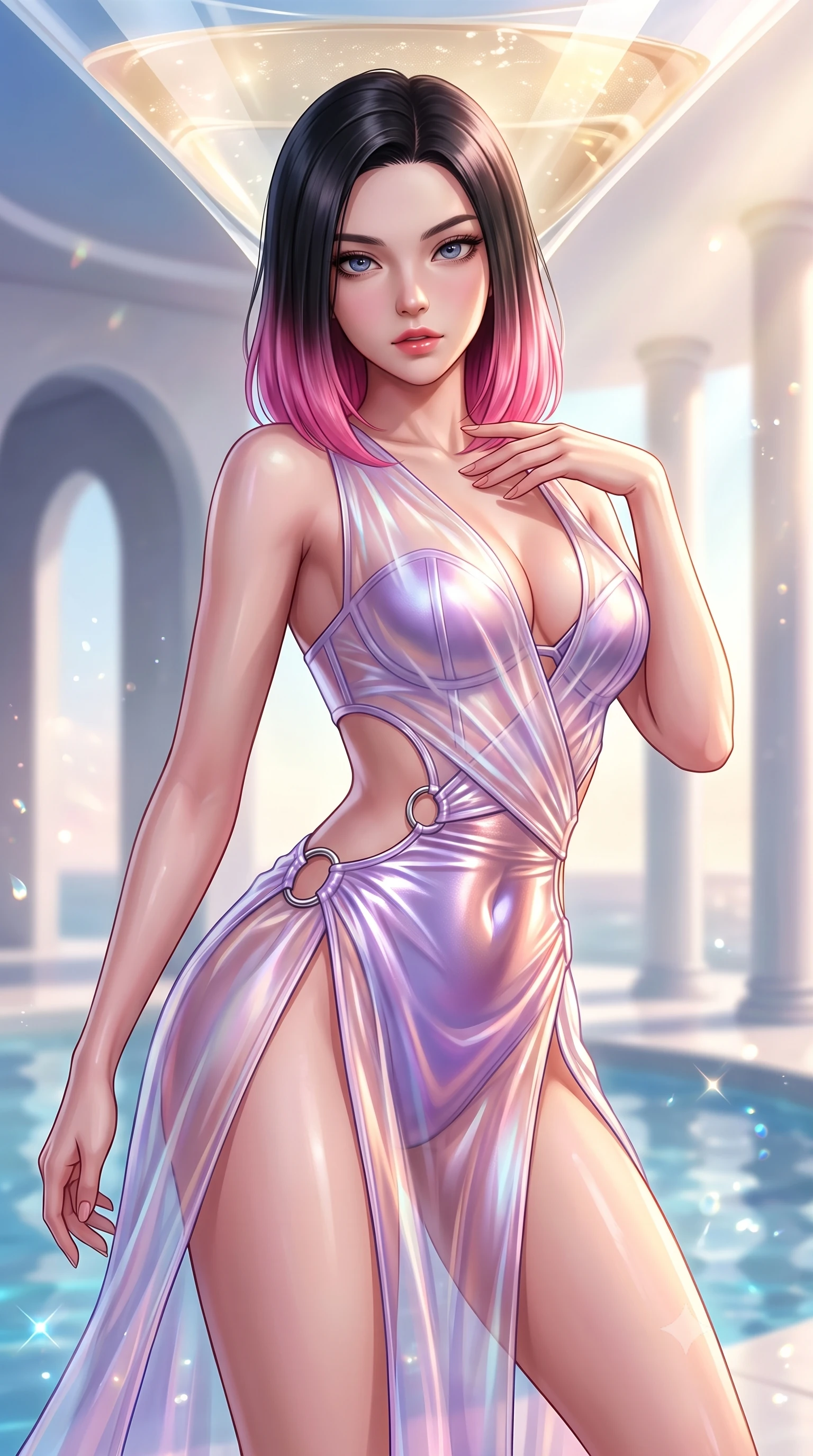 score_9, masterpiece, best quality, ultra-detailed, high-budget anime keyframe, semi-realistic 3D game render, editorial fashion photography, tasteful artistic composition, Korean woman. close-up cowboy shot from the waist and thighs up, the character dominates the composition, filling the frame with her large presence. leaning forward with a dangerous, enticing smolder, resting one hand near her collarbone while casting a fiery, magnetic direct gaze while arching her spine in a fluid motion beneath a soaring champagne glass canopy in radiant morning light. The composition keeps background elements in soft focus with creamy bokeh. modern water pavilion arches and white minimalist columns softened by shallow depth of field. She has an exceptionally elegant, slender, and willowy female figure with an ultra-slim waist, a gracefully sculpted slender torso, toned flat midriff, and a refined slim silhouette. sharp v-shaped jawline, high-bridge nose, intricate jewel-like eyes with depth, thick eyelashes, glossy lips with a natural sheen, flawlessly proportioned anatomical accuracy, strict slender model proportions, natural body alignment, perfectly sculpted long slender limbs, ultra-slim waistline, clean dynamic posture without body distortion. wearing a translucent iridescent organza wrap dress with structured bustier boning, plunging neckline, and high-cut dual leg slits in luminous lavender violet and rose gold, made of liquid metal jersey that clings flawlessly to every contour of her build, detailed with polished silver rings connecting the daring side-waist cutouts, the glove-like aerodynamic second-skin fit tightly clinging to her ultra-slender waist and athletic curves without adding bulk, accentuating her razor-sharp statuesque lines and slim hourglass silhouette. bathed in warm champagne-gold sunbursts and sparkling aquatic water refractions. highly saturated vibrant anime colors, detailed shading with soft gradients, rich glossy textures, high-contrast stereoscopic depth, volumetric dynamic lighting, master piece, 9:16 ratio