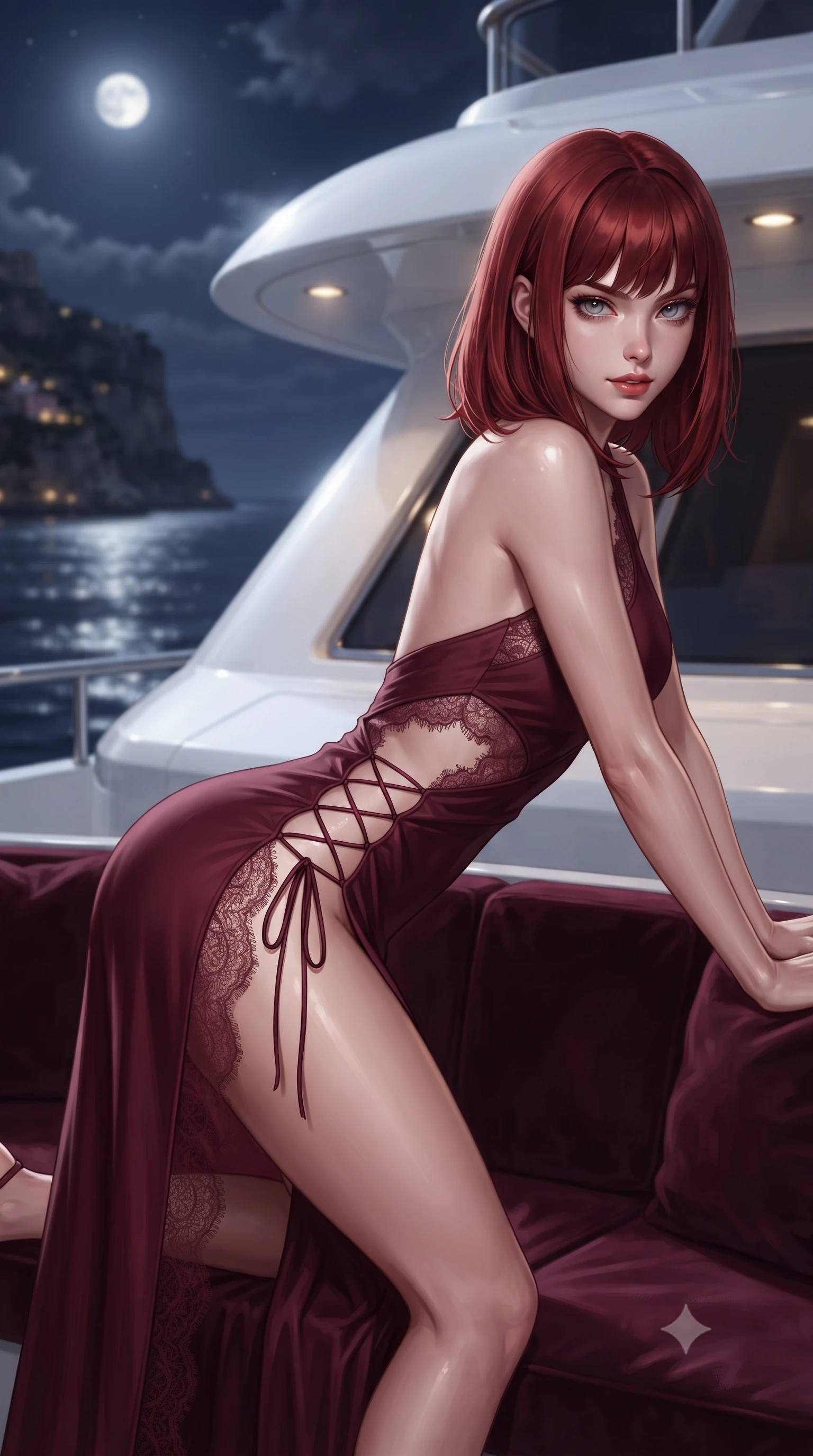 score_9, masterpiece, best quality, ultra-detailed, high-budget anime keyframe, editorial fashion photography, tasteful artistic composition, Caucasian woman. close-up cowboy shot from the waist and thighs up, the character dominates the composition, filling the frame with her large presence. leaning forward over the velvet sofa while arching her lower back to accentuate her curvy hips, looking into the camera with an intoxicating smoldering gaze and bedroom-eyes while twisting her slender torso in an alluring S-curve against the polished white superstructure, silvery moonlight tracing her waist and hip curves. The background shows a soft-focus the dark shimmering Mediterranean sea, distant coastal cliffside lights, and celestial full moon blurred into deep navy, silver, and gold bokeh. She has an exceptionally elegant, slender, and willowy female figure with an ultra-slim waist, flat toned midriff, narrow ribcage, and sculpted feminine hips creating an alluring, slim hourglass silhouette without bulk. sharp v-shaped jawline, high-bridge nose, sparkling eyes with hypnotic seductive depth, thick curled eyelashes, glossy parted lips with a natural dewy peach sheen, alluring bedroom-eyes with an enchanting coquettish smile, exuding magnetic siren charisma and sophisticated high-fashion glamour, flawlessly proportioned anatomical accuracy, strict slender model proportions, natural body alignment, perfectly sculpted long slender limbs, ultra-slim waistline, clean dynamic posture without body distortion. wearing an asymmetric one-shoulder liquid jersey gown with dramatic hip-high slit and waist cutout in deep bordeaux velvet and delicate black chantilly, made of delicate semi-sheer French Chantilly lace with intricate eyelash edges, featuring fine criss-cross lace-up side ties revealing tantalizing glimpses of her hip curve, the precision-cut side openings and low-back scoop framing her graceful spine and the sensual sweep of her slim, toned hips. bathed in pure silver moonlight reflecting off the open sea, complemented by warm recessed deck downlights. ultra-reflective glossy finish, specular highlights, rich textural contrasts, high-contrast stereoscopic depth, volumetric dynamic lighting, 2k, ultra detail, master piece, 9:16 ratio