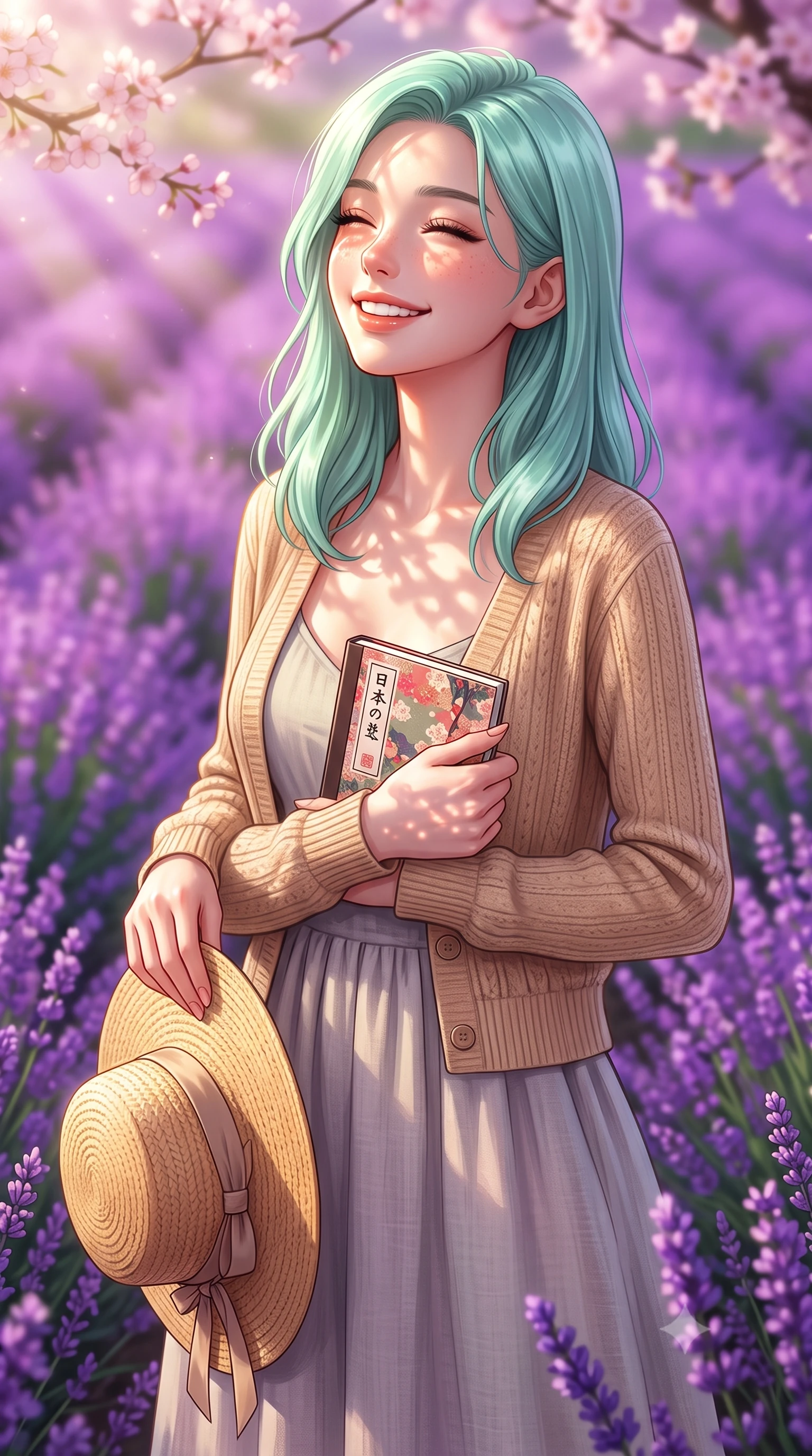 score_9, masterpiece, best quality, ultra-detailed, high-budget anime keyframe, editorial fashion photography, tasteful artistic composition, Japanese woman. close-up cowboy shot from the waist and thighs up, the character dominates the composition, filling the frame with her large presence, background elements kept in soft focus. smiling happily with closed eyes, enjoying the warm sunbeams on her face set against a soft-focus background of surrounded by a beautiful purple meadow of blooming wild lavender with a cute straw hat and a small notebook in her hand. She has an exceptionally elegant, slender, and willowy female figure with an ultra-slim waist, a gracefully sculpted slender torso, and a refined silhouette. sharp v-shaped jawline, high-bridge nose, intricate jewel-like eyes with depth, thick eyelashes, glossy lips with a natural sheen. wearing slim-fit cozy knit cardigan in beige, layered over a casual linen dress. dappled sunlight filtering through the cherry blossom branches onto her face. highly saturated vibrant anime colors, detailed shading with soft gradients, rich glossy textures, high-contrast stereoscopic depth, volumetric dynamic lighting, master piece, 9:16 ratio