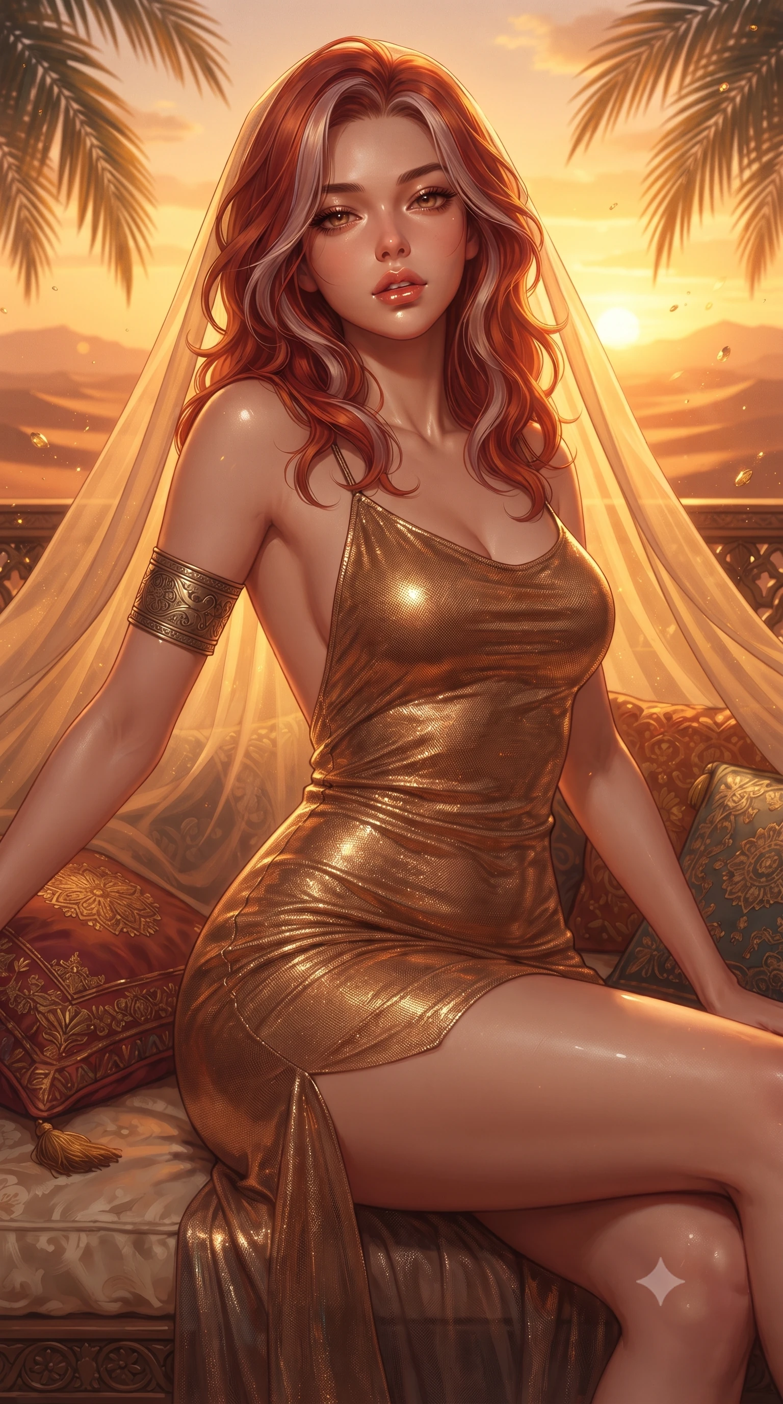 score_9, masterpiece, best quality, ultra-detailed, high-budget anime keyframe, editorial fashion photography, tasteful artistic composition, Caucasian woman. close-up cowboy shot from the waist and thighs up, the character dominates the composition, filling the frame with her large presence. leaning back with relaxed seductive grace, her sculpted collarbones and narrow waist highlighted as she casts smoldering bedroom-eyes directly into the camera while stretching languidly across an outdoor desert daybed strewn with embroidered silk cushions, parted glossy lips glowing in molten sunset light. The surrounding environment is rendered in vivid detail and crisp panoramic clarity. detailed sunset horizon gradients, palm frond veins, and floating golden dust in high clarity. She has an exceptionally elegant, slender, and willowy female figure with an ultra-slim waist, a gracefully sculpted slender torso, toned flat midriff, and rounded feminine hips creating an alluring hourglass silhouette. sharp v-shaped jawline, high-bridge nose, intricate jewel-like eyes with depth, thick eyelashes, glossy parted lips with a natural sheen, intensely captivating and seductive bedroom-eyes expression, flawlessly proportioned anatomical accuracy, strict slender model proportions, natural body alignment, perfectly sculpted long slender limbs, ultra-slim waistline, clean dynamic posture without body distortion. wearing an open-back gold lamé slip dress adhering like liquid metal to her slender waist and curvy hips in rich copper bronze and warm amber, made of sheer contouring power-mesh with fine metallic shimmer, accessorized with an engraved brass armlet and sweeping sheer chiffon veil, the second-skin form-contouring cut accentuating her sculpted flat midriff, narrow waistline, and dramatically curvy hips without adding bulk. surrounded by an exotic, sovereign, and breathlessly captivating desert mirage queen aura. ultra-reflective glossy finish, specular highlights, rich textural contrasts, high-contrast stereoscopic depth, volumetric dynamic lighting, 2k, ultra detail, master piece, 9:16 ratio