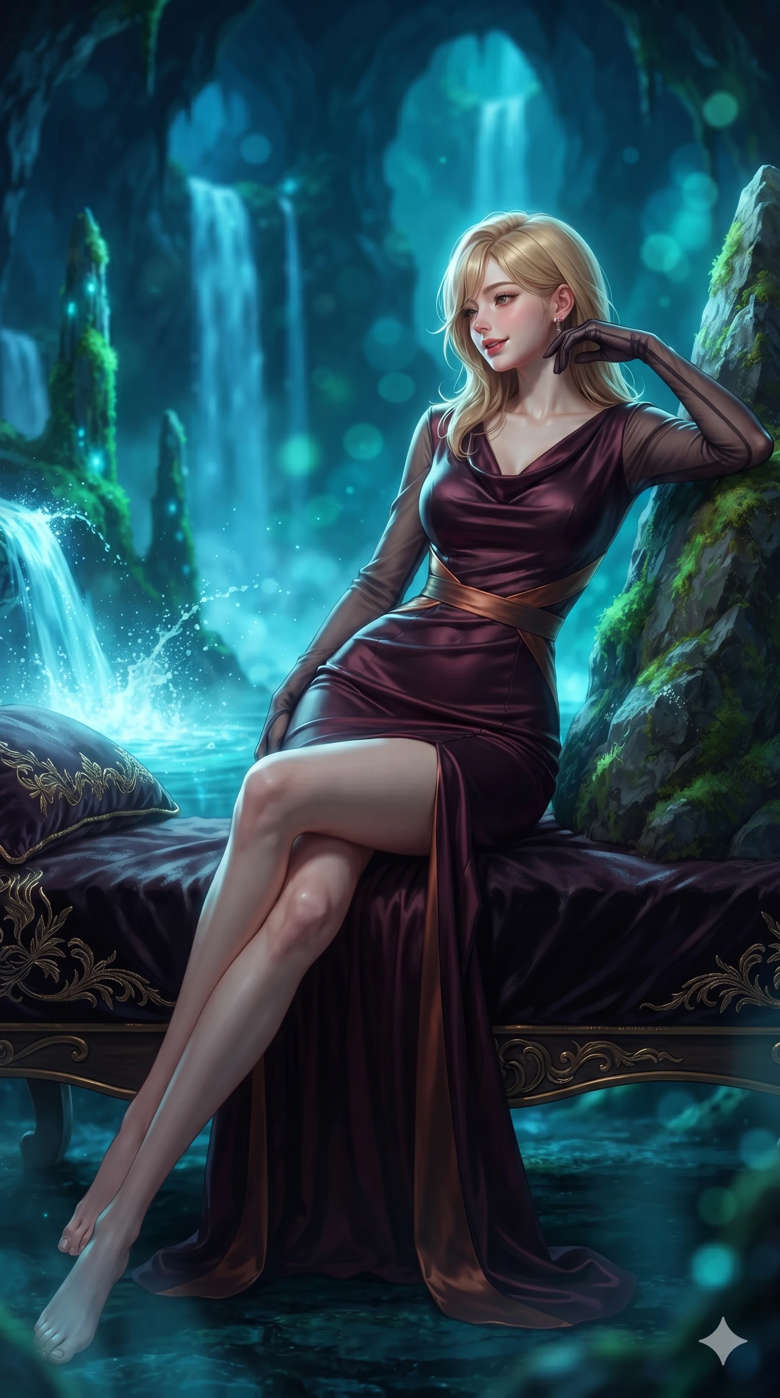 score_9, masterpiece, best quality, ultra-detailed, high-budget anime keyframe, semi-realistic 3D game render, editorial fashion photography, tasteful artistic composition, Korean woman. low angle full-body shot from head to toe showing her feet, filling the entire 9:16 vertical frame with her statuesque presence, stretching her vertical silhouette. lounging on the lavish daybed with legs crossed and hips angled toward the camera, displaying her toned midriff and long slender limbs with effortless siren poise while leaning against the moss-covered rock needle with hips cocked back, watching glowing azure water cascades splash into luminous mist with heavy-lidded bedroom-eyes. The background shows a soft-focus cascading luminescent blue waterfalls, glowing cyan moss on vertical spires, and swirling cavern mists blurred into electric blue, turquoise, and jade bokeh. She has an exceptionally tall and slender model-like 8.5-heads proportion, an ultra-slim waist, a flat toned midriff, narrow delicate ribcage, and beautifully sculpted feminine hips creating a graceful, slim hourglass silhouette without any bulky heaviness, with impossibly long slender legs. sharp v-shaped jawline, high-bridge nose, intricate jewel-like sparkling eyes with depth, thick eyelashes, glossy parted lips with a natural peach sheen, bright cheerful beaming smile with an enchanting and coquettish sensual glint, exuding both youthful cute charm and seductive allure, flawlessly proportioned anatomical accuracy, strict slender model proportions, natural body alignment, perfectly sculpted long slender limbs, ultra-slim waistline, clean dynamic posture without body distortion. wearing a refined long-sleeve cowl-neck satin evening gown with modest draped neckline and tailored waistline in deep burgundy and bronze accents, woven from structured carbon-fiber jacquard with rich textural depth, complemented by sheer opera-length evening gloves tracing her slender arms, the impeccably tailored cut draping gracefully along her slender figure with aristocratic poise. illuminated by waterfall spray bounce and sharp cyan-white rim lights defining her jawline, narrow waist, and curvy hips. highly saturated vibrant anime colors, detailed shading with soft gradients, rich glossy textures, high-contrast stereoscopic depth, volumetric dynamic lighting, master piece, 9:16 ratio