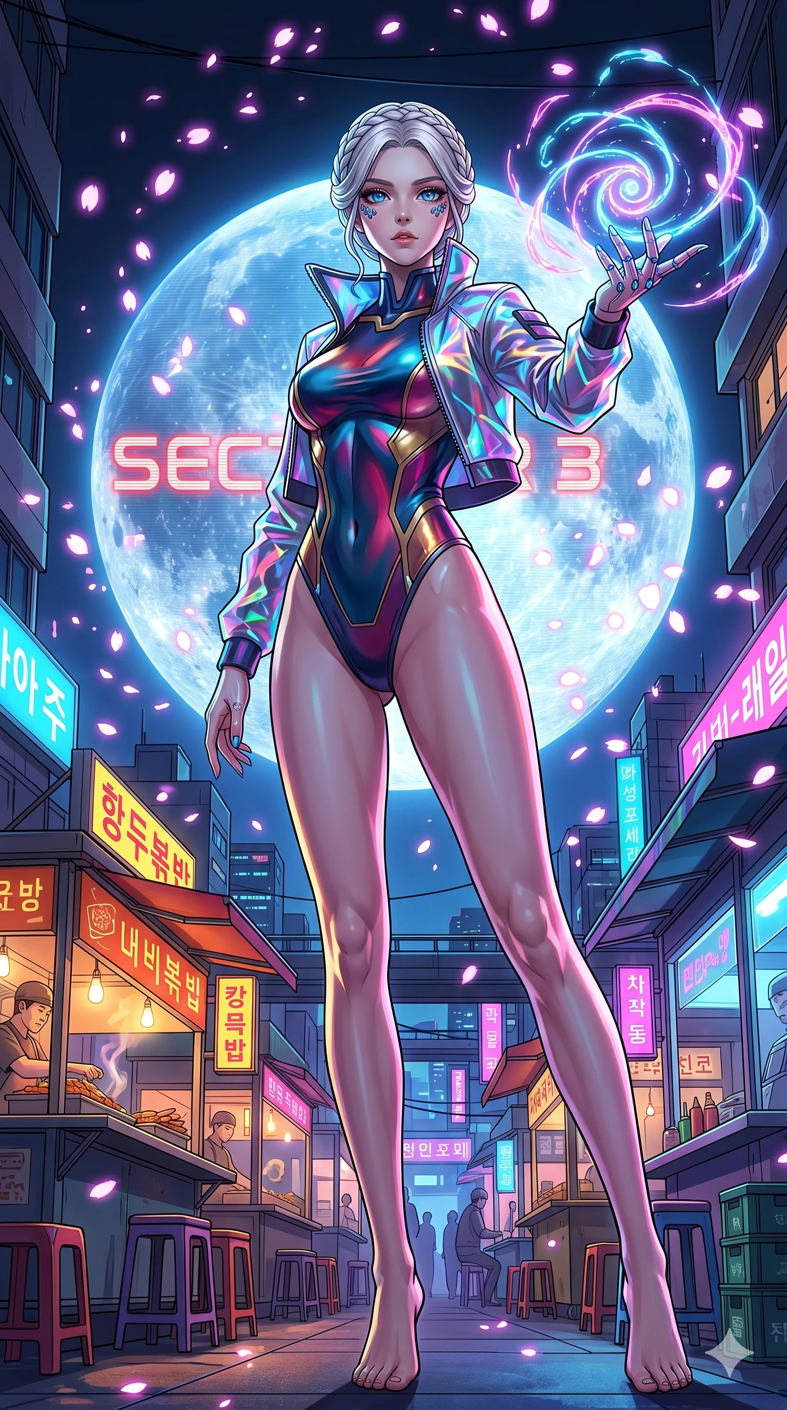 score_9, masterpiece, best quality, ultra-detailed, Set A: High-budget Anime Keyframe, Korean woman. Low angle cowboy shot filling the entire 9:16 frame with her statuesque presence. Casting a spell through a neon-lit Neo-Seoul market, with a massive holographic moon rising behind her marked as sector 3 and surrounded by digital sakura petals. She has an absolutely perfect 8-heads proportion, an exceptionally tall and slender female figure with impossibly long slender legs and an ultra-slim waist. Sharp v-shaped jawline, high-bridge nose, intricate jewel-like eyes with depth, thick eyelashes, glossy lips with a natural sheen. Wearing High-cut bodysuit made of liquid-crystal fabric that changes color with movement. Cinematic lighting, vibrant colors, dramatic shadows, 2k, ultra detail, master piece, 9:16 ratio