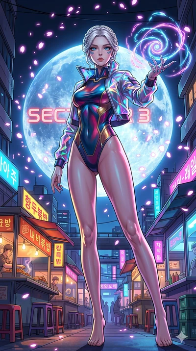 score_9, masterpiece, best quality, ultra-detailed, Set A: High-budget Anime Keyframe, Korean woman. Low angle cowboy shot filling the entire 9:16 frame with her statuesque presence. Casting a spell through a neon-lit Neo-Seoul market, with a massive