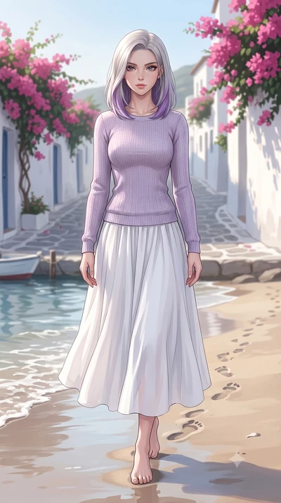 score_9, masterpiece, best quality, ultra-detailed, high-budget anime keyframe, editorial fashion photography, tasteful artistic composition, Caucasian woman woman. low angle full-body shot from head to toe showing her feet, filling the entire 9:16 v