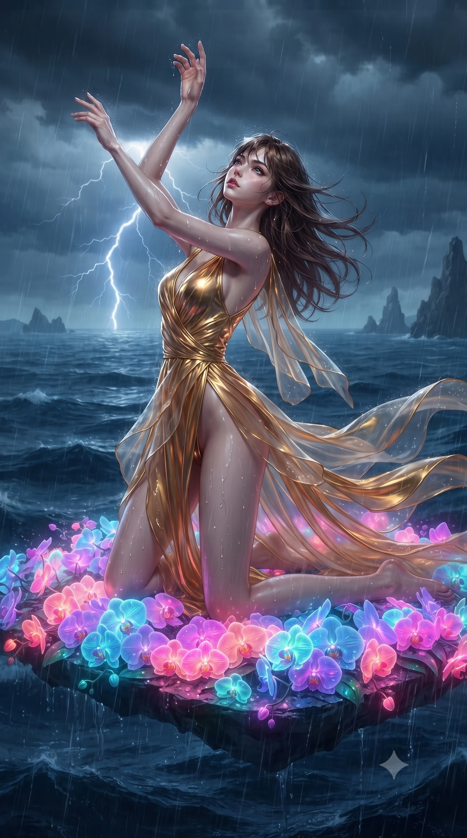 score_9, masterpiece, best quality, ultra-detailed, High-budget Anime Keyframe, editorial fashion photography, tasteful artistic composition, realistic cosplay photography, East Asian woman. Dynamic full-body shot stretching the vertical silhouette to the limit. Scenario 282: kneeling on a soft bed of glowing neon orchids under a floating platform suspended over a stormy sea of dark blue water. Her presence is magnetic and overpowering in this high-budget cinematic scene. Outfit 282: a slim-fit molten liquid silk gold with a high-cut leg line and translucent layers. The clothing is designed to emphasize her exceptionally tall and slender 8-heads proportion. 8-heads proportion, towering silhouette, ultra-slim waist. sharp v-shaped jawline, intricate jewel-like eyes with depth, thick eyelashes, glossy lips. ultra-reflective glossy finish, specular highlights, metallic sheen, high-contrast stereoscopic depth, volumetric dynamic lighting, 2k, ultra detail, master piece, 9:16 ratio