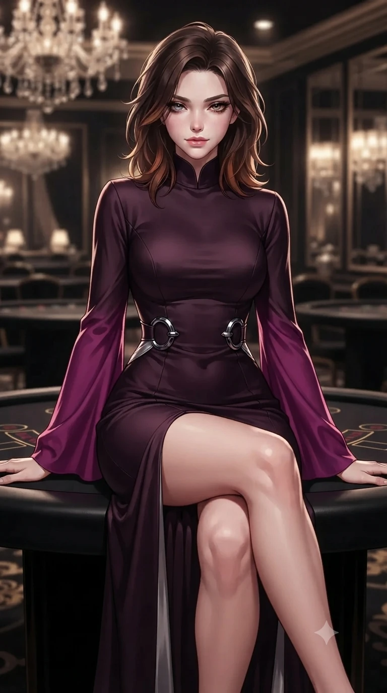 score_9, masterpiece, best quality, ultra-detailed, high-budget anime keyframe, editorial fashion photography, tasteful artistic composition, Korean woman. close-up cowboy shot from the waist and thighs up, the character dominates the composition, filling the frame with her large presence. smiling with quiet, magnetic self-assurance directly into the camera with heavy-lidded sparkling eyes while perched on the edge of the black velvet baccarat table with legs crossed, leaning forward with heavy-lidded sparkling eyes and an intoxicating siren smile. The background shows a soft-focus smoked crystal chandeliers, black velvet gaming tables, and mirror-tinted wall panels blurred into champagne, amber, and obsidian bokeh. She has an exceptionally elegant, slender, and willowy female figure with an ultra-slim waist, flat toned midriff, narrow ribcage, and sculpted feminine hips creating an alluring, slim hourglass silhouette without bulk. sharp v-shaped jawline, high-bridge nose, intricate jewel-like dark sparkling eyes with hypnotic seductive depth, thick curled eyelashes, glossy parted lips with a natural wine sheen, alluring bedroom-eyes with an enigmatic smoldering smile, exuding magnetic sovereign charisma and dark avant-garde glamour, flawlessly proportioned anatomical accuracy, strict slender model proportions, natural body alignment, perfectly sculpted long slender limbs, ultra-slim waistline, clean dynamic posture without body distortion. wearing a gothic high-collar dark plum silk evening gown with long bell sleeves in royal amaranth purple and liquid platinum, woven from bespoke high-density barathea wool with refined ceremonial hold, accented with sculpted obsidian chrome rings at the waist, the bespoke structured tailoring following the natural line of her 8.5-heads silhouette with refined elegance. illuminated by polished mahogany table bounce and sharp champagne-gold rim lights sculpting her razor-sharp jawline, narrow waist, and curvy hips. ultra-reflective glossy finish, specular highlights, metallic sheen, high-contrast stereoscopic depth, volumetric dynamic lighting, 2k, ultra detail, master piece, 9:16 ratio