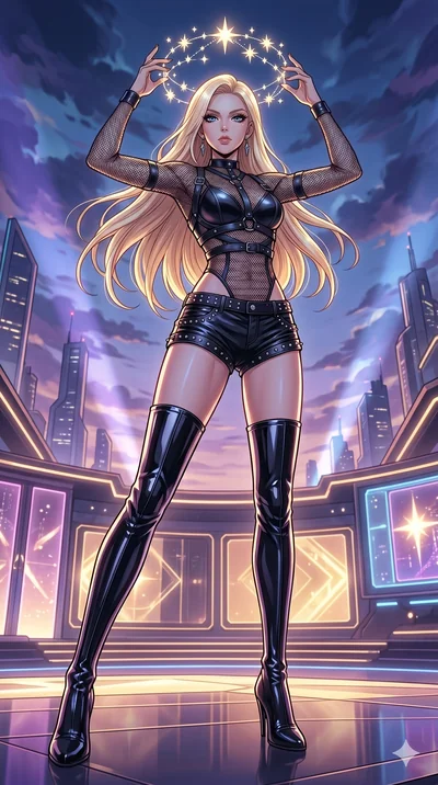 score_9, masterpiece, best quality, ultra-detailed, high-budget anime movie keyframe, cinematic anime lighting, intricate line art, Caucasian (strictly human ears) woman. Low angle cowboy shot capturing a powerful motion and statuesque presence. weav