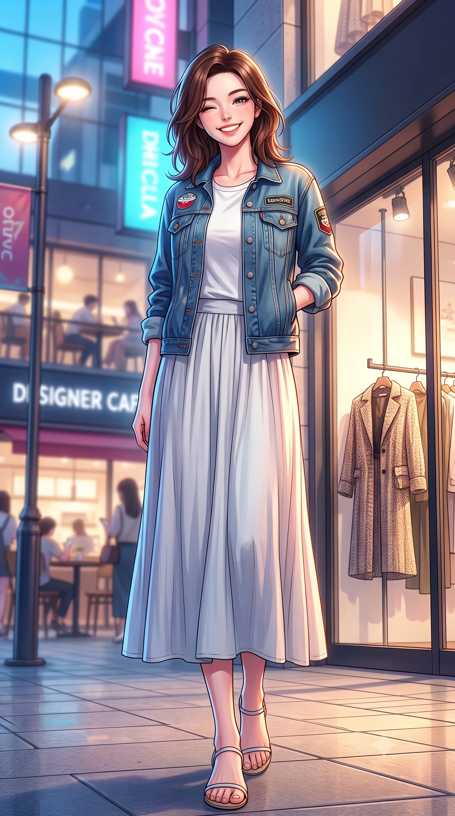 score_9, masterpiece, best quality, ultra-detailed, high-budget anime keyframe, editorial fashion photography, tasteful artistic composition, Korean woman. low angle full-body shot from head to toe showing her feet, filling the entire 9:16 vertical frame with her statuesque presence, stretching her vertical silhouette. standing with a cute, bright pose, tilting her head with a beaming smile set against a soft-focus background of in a trendy urban plaza filled with designer cafes and clothing boutiques with stylish shopping window displays showing chic clothes in soft focus behind her. She has an absolutely perfect, statuesque 8.5-heads proportion, an exceptionally tall and slender model-like female figure with impossibly long slender legs and an ultra-slim waist. sharp v-shaped jawline, high-bridge nose, intricate jewel-like eyes with depth, thick eyelashes, glossy lips with a natural sheen. wearing body-hugging casual denim jacket worn over a simple white tee and a long cotton skirt. vibrant streetlights and store signs casting dynamic highlights on her form. highly saturated vibrant anime colors, detailed shading with soft gradients, rich glossy textures, high-contrast stereoscopic depth, volumetric dynamic lighting, master piece, 9:16 ratio
