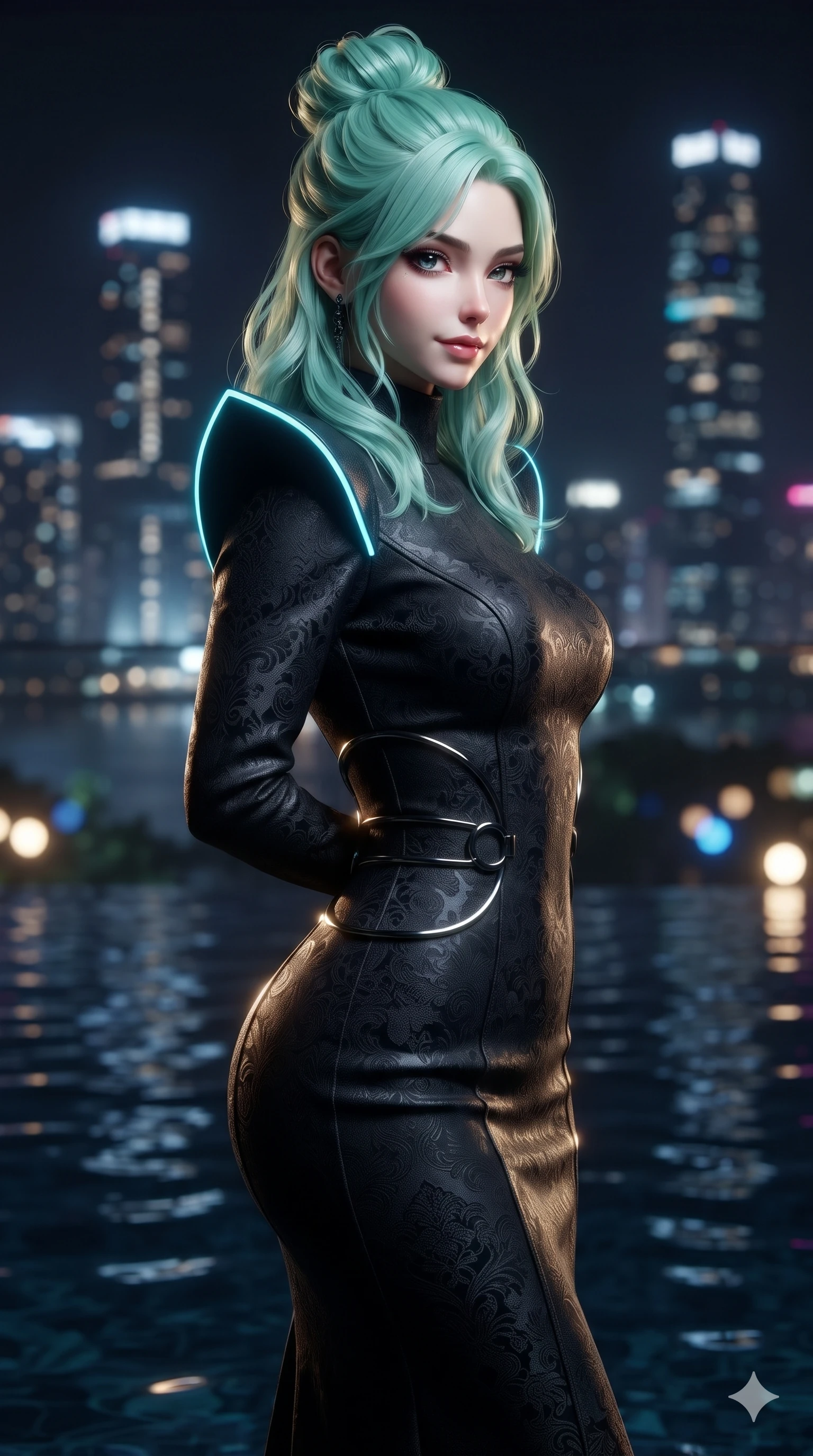 score_9, masterpiece, best quality, ultra-detailed, high-budget anime keyframe, editorial fashion photography, tasteful artistic composition, Japanese woman. close-up cowboy shot from the waist and thighs up, the character dominates the composition, filling the frame with her large presence. glancing sidelong over her shoulder with a smoldering, enigmatic half-smile that commands the frame while twisting her slender torso in an alluring S-curve at the water's edge, dark rippling reflections of illuminated towers tracing her hourglass curves. The background shows a soft-focus distant glittering high-rise skyscrapers, drifting cool rooftop mist, and glass terrace parapets blurred into topaz, cobalt, and obsidian bokeh. She has an exceptionally elegant, slender, and willowy female figure with an ultra-slim waist, flat toned midriff, narrow ribcage, and sculpted feminine hips creating an alluring, slim hourglass silhouette without bulk. sharp v-shaped jawline, high-bridge nose, intricate jewel-like dark sparkling eyes with hypnotic seductive depth, thick curled eyelashes, glossy parted lips with a natural wine sheen, alluring bedroom-eyes with an enigmatic smoldering smile, exuding magnetic sovereign charisma and dark avant-garde glamour, flawlessly proportioned anatomical accuracy, strict slender model proportions, natural body alignment, perfectly sculpted long slender limbs, ultra-slim waistline, clean dynamic posture without body distortion. wearing a bespoke high-neck architectural wool column gown with structured sharp shoulder pads in neon cyan edge-glow and dark carbon black, tailored from rich silk jacquard with subtle embossed baroque patterns, trimmed with dark chrome ring hardware along the waist contours, accentuating her gracefully sculpted slender torso and statuesque proportions. illuminated by dark pool water surface bounce and sharp golden-sapphire rim lights sculpting her razor-sharp jawline, narrow waist, and curvy hips. ultra-reflective glossy finish, specular highlights, metallic sheen, high-contrast stereoscopic depth, volumetric dynamic lighting, 2k, ultra detail, master piece, 9:16 ratio