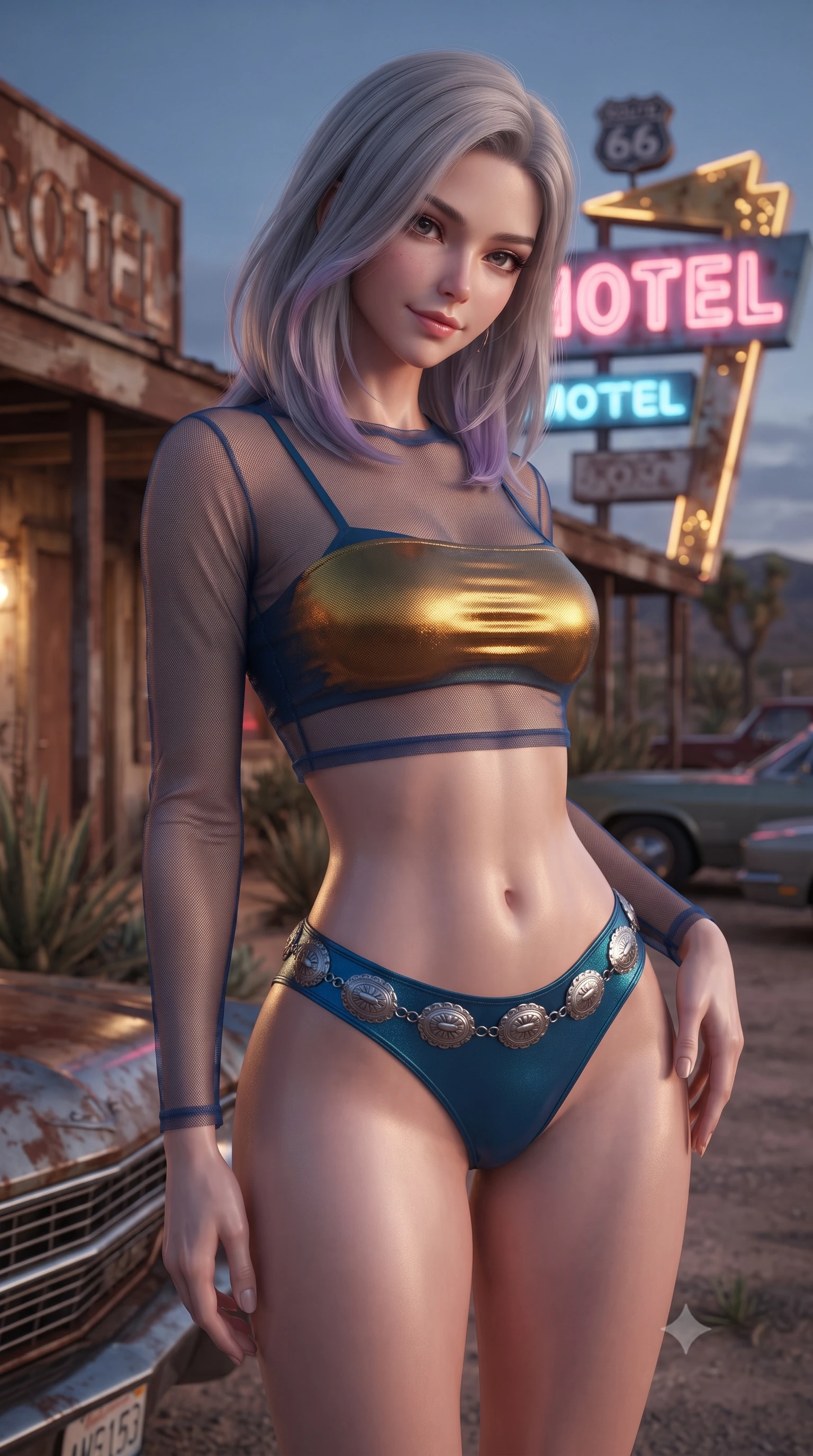 score_9, masterpiece, best quality, ultra-detailed, high-budget anime keyframe, editorial fashion photography, tasteful artistic composition, Caucasian woman. close-up cowboy shot from the waist and thighs up, the character dominates the composition, filling the frame with her large presence. tilting her head with a teasing half-smile, running one hand slowly down the side of her hip in a flirtatious S-curve as ambient light caresses her silhouette while standing poised beneath the flickering neon motel sign, arching her spine with dangerous seductive cool as evening descends. The surrounding environment is rendered in vivid detail and crisp panoramic clarity: detailed suede crop top texture, silver concho chain gleam, and rustic Route 66 architecture in high resolution. She has an exceptionally elegant, slender, and willowy female figure with an ultra-slim waist, flat toned midriff, narrow ribcage, and sculpted feminine hips creating an alluring, slim hourglass silhouette without bulk. sharp v-shaped jawline, high-bridge nose, sparkling eyes with hypnotic seductive depth, thick curled eyelashes, glossy parted lips with a natural dewy peach sheen, alluring bedroom-eyes with an enchanting coquettish smile, exuding magnetic siren charisma and sophisticated glamour, flawlessly proportioned anatomical accuracy, strict slender model proportions, natural body alignment, perfectly sculpted long slender limbs, ultra-slim waistline, clean dynamic posture without body distortion. wearing a sheer gossamer mesh long-sleeve rashguard crop top layered over an opaque strappy bandeau and low-waisted briefs in molten liquid gold and deep ocean sapphire, made of semi-opaque stretch illusion mesh with soft shadowy contours, accented with an intricate silver concho waist chain resting loosely on her curvy hips, the precision-cut side openings and low-back scoop framing her graceful spine and the sensual sweep of her slim, toned hips. illuminated by car hood reflections and sharp warm-gold rim lights defining her delicate clavicles, ultra-slim waist, and curvy hips. ultra-reflective glossy finish, specular highlights, rich textural contrasts, high-contrast stereoscopic depth, volumetric dynamic lighting, 2k, ultra detail, master piece, 9:16 ratio
