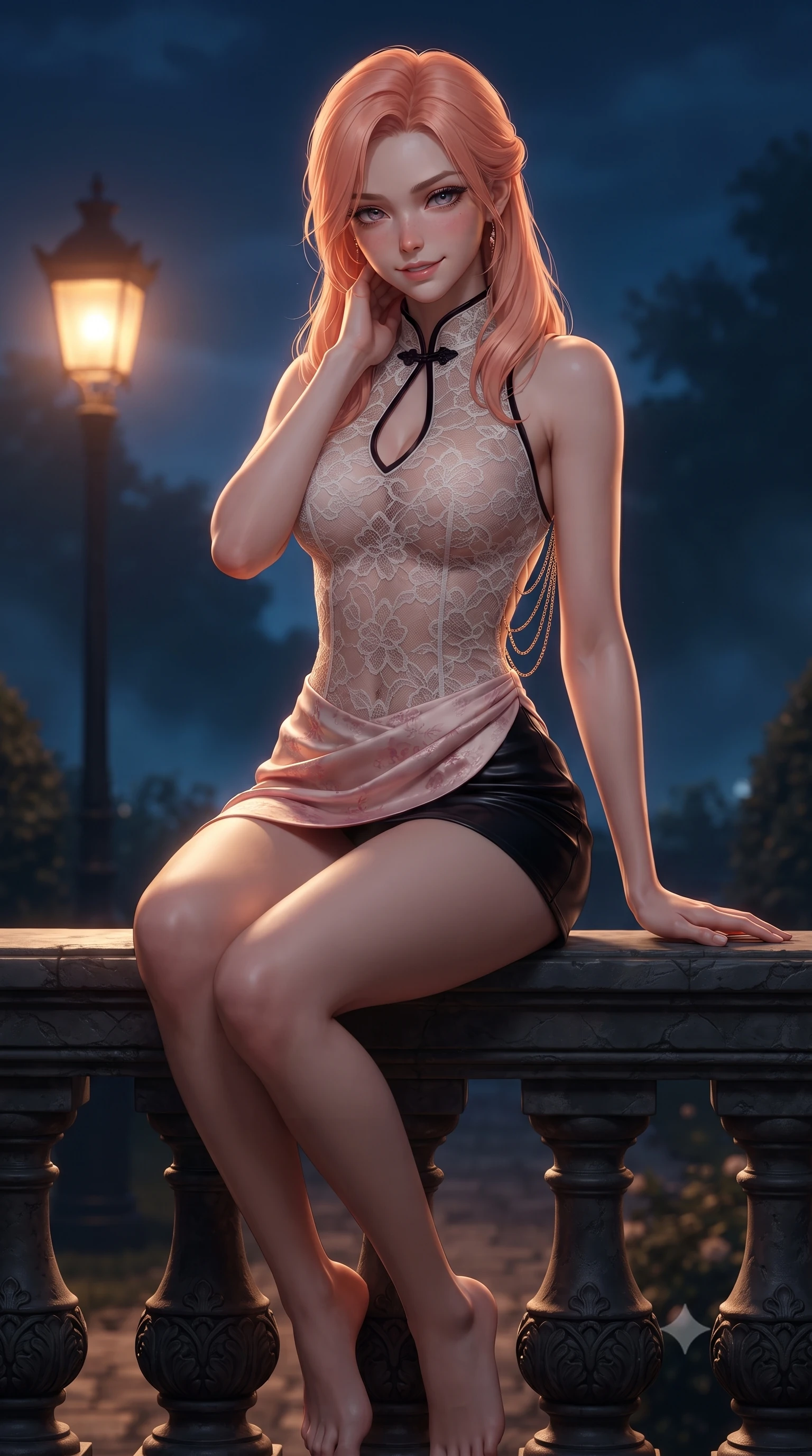 score_9, masterpiece, best quality, ultra-detailed, high-budget anime keyframe, editorial fashion photography, tasteful artistic composition, Japanese woman. close-up cowboy shot from the waist and thighs up, the character dominates the composition, filling the frame with her large presence. tilting her head with a teasing half-smile, running one hand slowly down the side of her hip in a flirtatious S-curve as ambient light caresses her silhouette while sitting perched on the carved garden balustrade with legs crossed, running one manicured hand slowly down her neck with a teasing sensual half-smile. The surrounding environment is rendered in vivid detail and crisp panoramic clarity: detailed sheer Chantilly lace cheongsam teddy texture, open mandarin collar, and historic French Concession craft in high resolution. She has an exceptionally elegant, slender, and willowy female figure with an ultra-slim waist, flat toned midriff, narrow ribcage, and sculpted feminine hips creating an alluring, slim hourglass silhouette without bulk. sharp v-shaped jawline, high-bridge nose, intricate jewel-like sparkling eyes with depth, thick eyelashes, glossy parted lips with a natural peach sheen, bright cheerful beaming smile with an enchanting and coquettish sensual glint, exuding both youthful cute charm and seductive allure, flawlessly proportioned anatomical accuracy, strict slender model proportions, natural body alignment, perfectly sculpted long slender limbs, ultra-slim waistline, clean dynamic posture without body distortion. wearing a sculpted underwire bustier in sheer noir lace with velvet piping paired with an ultra-short draped tulip skirt in Kyoto moonlit sakura blush and polished urushi black, made of fluid liquid jersey with seamless sculpting hold and smooth contours, accented with an open-back drape framed by falling strands of delicate gold chains, the liquid-tight tailored fabric clinging flawlessly to her narrow waist and rounded feminine hips, emphasizing every millimeter of her sculpted slim hourglass curves without any bulky heaviness. bathed in the romantic amber 2200K gas lantern glow contrasted with cool midnight mist and blue sky fill. ultra-reflective glossy finish, specular highlights, rich textural contrasts, high-contrast stereoscopic depth, volumetric dynamic lighting, 2k, ultra detail, master piece, 9:16 ratio