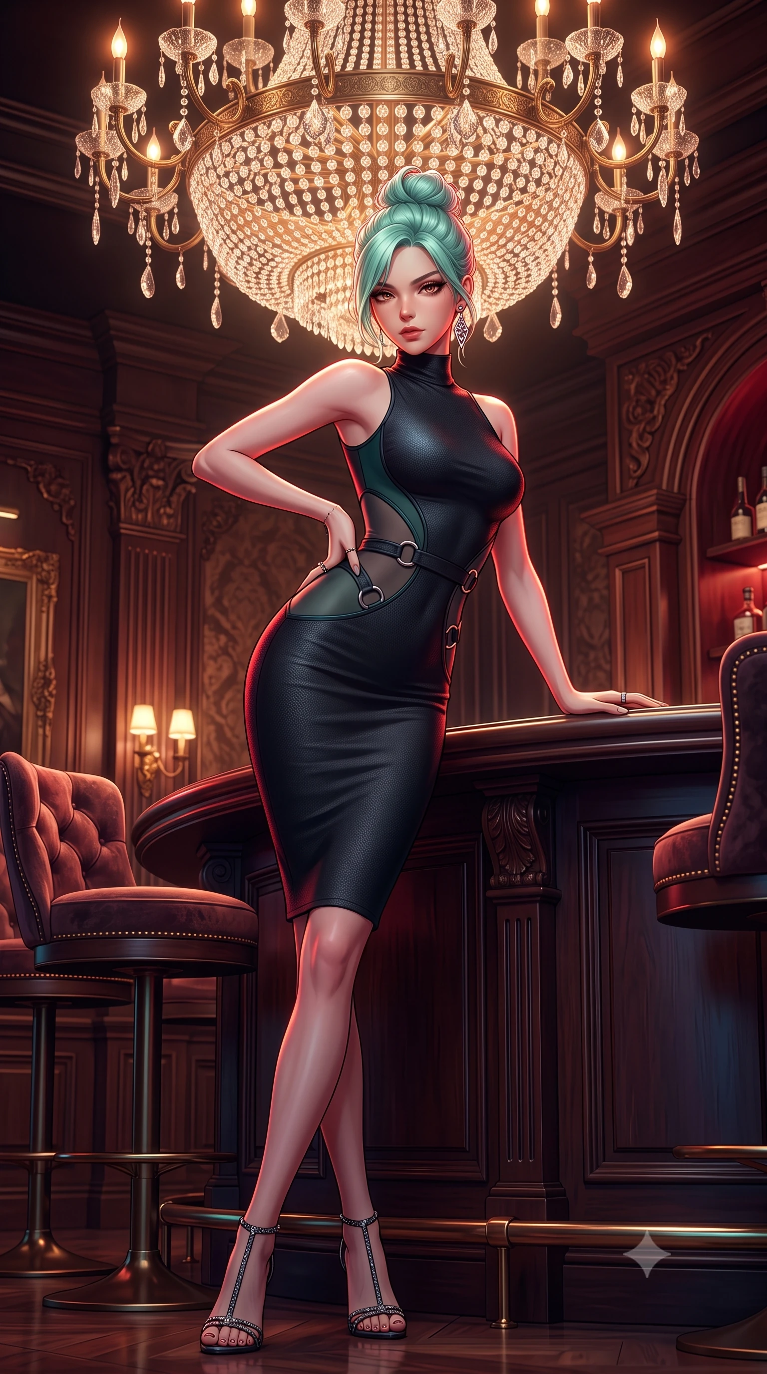 score_9, masterpiece, best quality, ultra-detailed, high-budget anime keyframe, semi-realistic 3D game render, editorial fashion photography, tasteful artistic composition, Japanese woman. low angle full-body shot from head to toe showing her feet, filling the entire 9:16 vertical frame with her statuesque presence, stretching her vertical silhouette. pausing mid-stride beneath the grand chandelier with one hand resting on her narrow waist, her arched hips and statuesque 8.5-heads presence commanding the 9:16 vertical frame while leaning over the curved dark mahogany bar counter with hips angled back, arching her spine with relaxed seductive grace as she gazes directly into the lens. The surrounding environment is rendered in vivid detail and crisp panoramic clarity. detailed velvet plush texture, delicate jewelry shimmer, and speakeasy bar woodwork clarity in high resolution. She has an exceptionally tall and slender model-like 8.5-heads proportion, an ultra-slim waist, a flat toned midriff, narrow delicate ribcage, and beautifully sculpted feminine hips creating a graceful, slim hourglass silhouette without any bulky heaviness, with impossibly long slender legs. sharp v-shaped jawline, high-bridge nose, intricate jewel-like dark sparkling eyes with dangerous depth, thick curled eyelashes, glossy parted lips with a rich wine sheen, smoldering seductive half-smile with bedroom-eyes, exuding effortless superiority and intoxicating dark allure, flawlessly proportioned anatomical accuracy, strict slender model proportions, natural body alignment, perfectly sculpted long slender limbs, ultra-slim waistline, clean dynamic posture without body distortion. wearing a high-neck sleeveless bodycon dress in textured matte obsidian with side-torso semi-sheer mesh inserts in deep forest teal and dark gunmetal, made of liquid-tight stretch jersey emphasizing every curve of her body, accented with sculptural chrome hardware rings framing the subtle cutouts, the high-waisted tailoring accentuating her ultra-slim waistline and the enchanting curve of her feminine hips with alluring dark charm. illuminated by a single warm amber spotlight and rich crimson rim light sculpting her sculpted collarbones, narrow waist, and feminine hips. highly saturated vibrant anime colors, detailed shading with soft gradients, rich glossy textures, high-contrast stereoscopic depth, volumetric dynamic lighting, master piece, 9:16 ratio