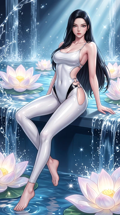 score_9, masterpiece, best quality, ultra-detailed, high-budget anime keyframe, semi-realistic 3D game render, editorial fashion photography, tasteful artistic composition, Korean woman. low angle full-body shot from head to toe showing her feet, fil