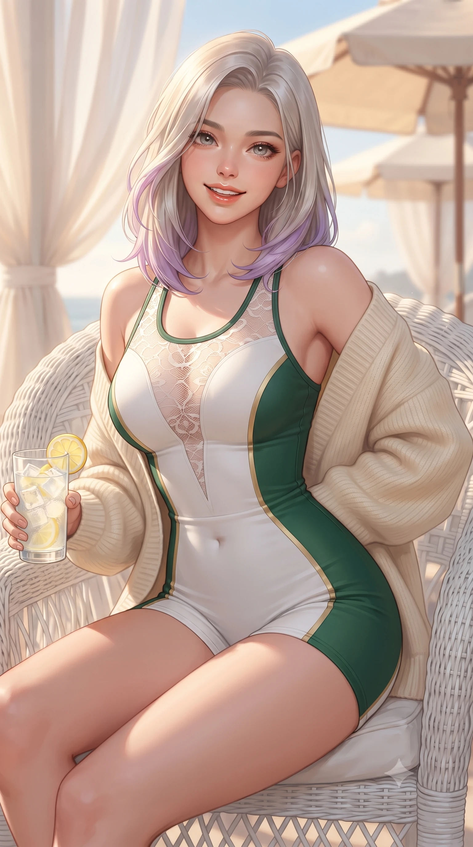 score_9, masterpiece, best quality, ultra-detailed, high-budget anime keyframe, editorial fashion photography, tasteful artistic composition, Caucasian woman. close-up cowboy shot from the waist and thighs up, the character dominates the composition, filling the frame with her large presence. resting both hands lightly behind her back while leaning toward the lens with a cheerful, teasing grin, her form-fitting athletic suit hugging her narrow waist and hip curve while lounging in an outdoor white wicker armchair holding a chilled glass of lemonade, her flat midriff and long slender limbs radiant in coastal sun. The background shows a soft-focus fluttering sheer pergola drapes and vintage canvas umbrella canopies softened in exclusive East Coast shallow focus. She has an exceptionally elegant, slender, and willowy female figure with an ultra-slim waist, flat toned midriff, narrow ribcage, and sculpted feminine hips creating an alluring, slim hourglass silhouette without bulk. sharp v-shaped jawline, high-bridge nose, sparkling eyes with athletic focus and depth, thick curled eyelashes, glossy parted lips with a natural coral-peach sheen, bright confident and coquettish smile with alluring bedroom-eyes, exuding both youthful sporty vigor and sovereign high-society glamour, flawlessly proportioned anatomical accuracy, strict slender model proportions, natural body alignment, perfectly sculpted long slender limbs, ultra-slim waistline, clean dynamic posture without body distortion. wearing a bodycon racerback athletic romper with high-cut leg openings and side racing stripe tape accentuating her curvy hips in crisp Wimbledon white and British racing green with gold accents, crafted from sheer delicate stretch lace reinforced with technical sport threads, complemented by an oversized cashmere knit cardigan slipping off one bare shoulder, the form-contouring athletic cut accentuating her sculpted flat midriff, narrow delicate ribcage, and gracefully curvy hips with supermodel precision. illuminated by lawn bounce fill and sharp platinum rim lights defining her razor-sharp jawline, narrow waist, and curvy hips. ultra-reflective glossy finish, specular highlights, rich textural contrasts, high-contrast stereoscopic depth, volumetric dynamic lighting, 2k, ultra detail, master piece, 9:16 ratio