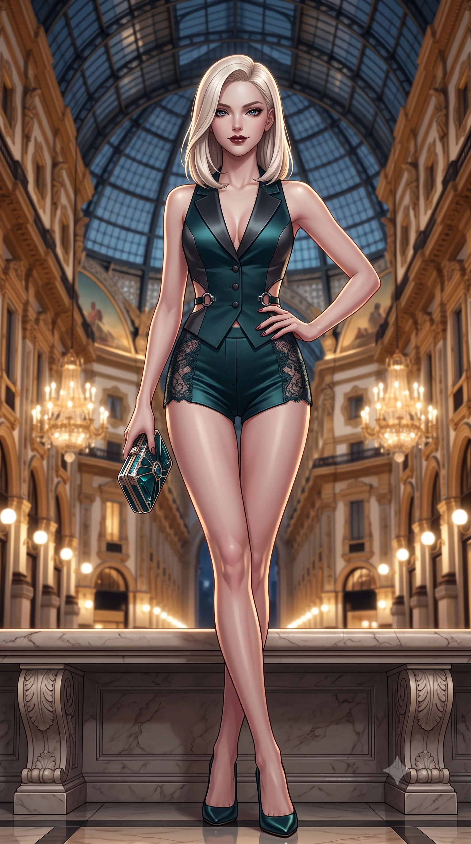score_9, masterpiece, best quality, ultra-detailed, high-budget anime keyframe, editorial fashion photography, tasteful artistic composition, Caucasian woman. low angle full-body shot from head to toe showing her feet, filling the entire 9:16 vertical frame with her statuesque presence, stretching her vertical silhouette. pausing mid-stride beneath the grand chandelier with one hand resting on her narrow waist, her arched hips and statuesque 8.5-heads presence commanding the 9:16 vertical frame while lounging gracefully on an ornate marble arcade bench with legs crossed, holding a designer clutch with effortless aristocratic superiority. The composition keeps background elements in soft focus with dreamy creamy bokeh. the colossal glass-and-iron vault ceiling and neoclassical palace facades glowing under midnight lamps blurred into warm gold, amber, and champagne bokeh. She has an exceptionally tall and slender model-like 8.5-heads proportion, an ultra-slim waist, a flat toned midriff, narrow delicate ribcage, and beautifully sculpted feminine hips creating a graceful, slim hourglass silhouette without any bulky heaviness, with impossibly long slender legs. sharp v-shaped jawline, high-bridge nose, intricate jewel-like dark sparkling eyes with dangerous depth, thick curled eyelashes, glossy parted lips with a rich wine sheen, smoldering seductive half-smile with bedroom-eyes, exuding effortless superiority and intoxicating dark allure, flawlessly proportioned anatomical accuracy, strict slender model proportions, natural body alignment, perfectly sculpted long slender limbs, ultra-slim waistline, clean dynamic posture without body distortion. wearing a tailored satin tuxedo vest worn closed against bare skin with high-cut tailored satin hot-pants in deep forest teal and dark gunmetal, crafted from sheer delicate Chantilly lace with intricate gothic floral motifs, accented with sculptural chrome hardware rings framing the subtle cutouts, the form-fitting cut adhering flawlessly to her sculpted flat midriff and slender torso, emphasizing her long leg lines and perfectly proportioned willowy build. illuminated by crisp champagne gold rim lighting and sharp architectural downlights sculpting her razor-sharp jawline, narrow waist, and curvy hips. ultra-reflective glossy finish, specular highlights, rich textural contrasts, high-contrast stereoscopic depth, volumetric dynamic lighting, 2k, ultra detail, master piece, 9:16 ratio