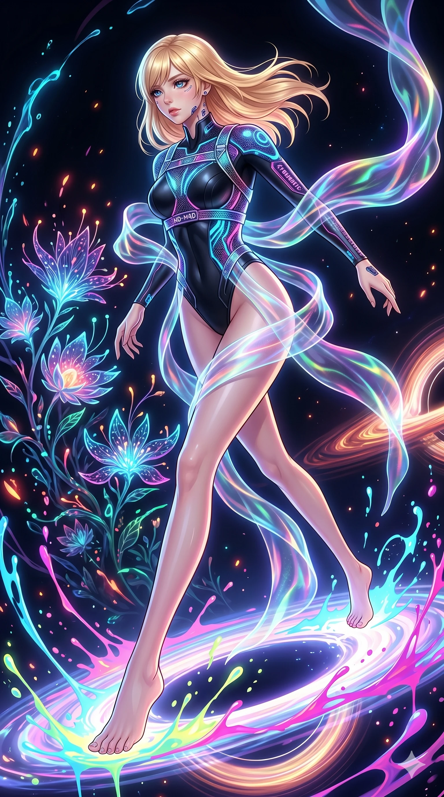 score_9, masterpiece, best quality, ultra-detailed, high-budget anime keyframe, editorial fashion photography, tasteful artistic composition, Caucasian woman, strictly human ears. low angle full-body shot from head to toe showing her feet, filling the entire 9:16 vertical frame with her statuesque presence, stretching her vertical silhouette. lunging forward near on a floating platform of pure energy inside a black hole's accretion disk while streams of liquid neon paint splash and form glowing halos. She has an absolutely perfect 8-heads proportion, an exceptionally tall and slender female figure with impossibly long slender legs and an ultra-slim waist. V-shaped jawline, high-bridge nose, intricate jewel-like eyes with depth, thick eyelashes, glossy lips with a natural sheen.. wearing a cybernetic bodysuit with a holographic ribbon, featuring a sculpted sleek black performance bodysuit wrapped in a translucent flowing holographic organza ribbon. enhanced by the soft inner light of bioluminescent flora and neon embers in the background. 2k, ultra detail, master piece, 9:16 ratio