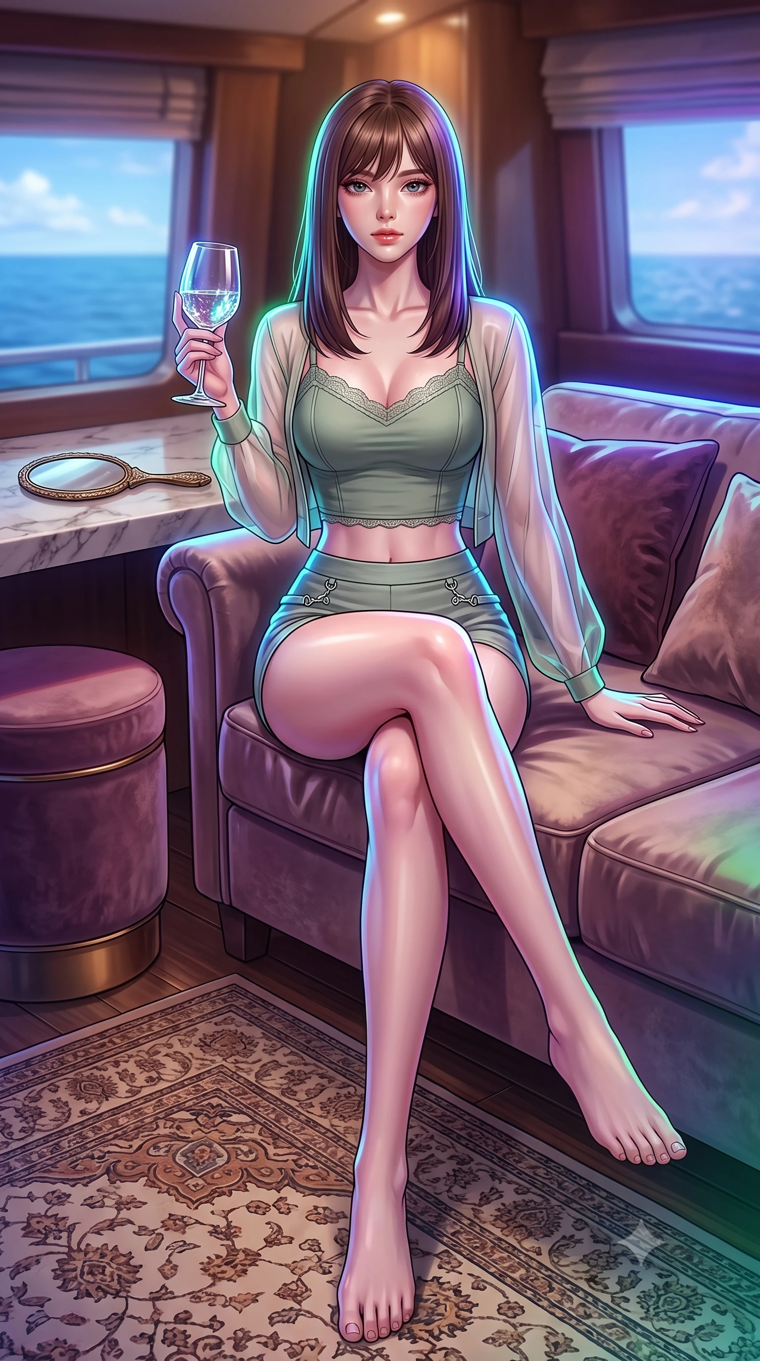 score_9, masterpiece, best quality, ultra-detailed, high-budget anime keyframe, editorial fashion photography, tasteful artistic composition, Korean woman. low angle full-body shot from head to toe showing her feet, filling the entire 9:16 vertical frame with her statuesque presence, stretching her vertical silhouette. sitting on a plush velvet sofa with her long slender legs crossed elegantly, gesturing cutely with a wine glass set against a soft-focus background of inside an exclusive yacht cabin with a velvet-wrapped stool and an antique hand mirror resting on a marble counter. She has an absolutely perfect, statuesque 8.5-heads proportion, an exceptionally tall and slender model-like female figure with impossibly long slender legs and an ultra-slim waist. sharp v-shaped jawline, high-bridge nose, intricate jewel-like eyes with depth, thick eyelashes, glossy lips with a natural sheen. wearing slim-fit sage green contouring mesh delicate lace-trim crop top worn under a sheer organza cardigan with high-waist micro-shorts accented with delicate silver hardware. drenched in dramatic neon rim-lighting that traces the sleek contours of her figure. highly saturated vibrant anime colors, detailed shading with soft gradients, rich glossy textures, high-contrast stereoscopic depth, volumetric dynamic lighting, master piece, 9:16 ratio