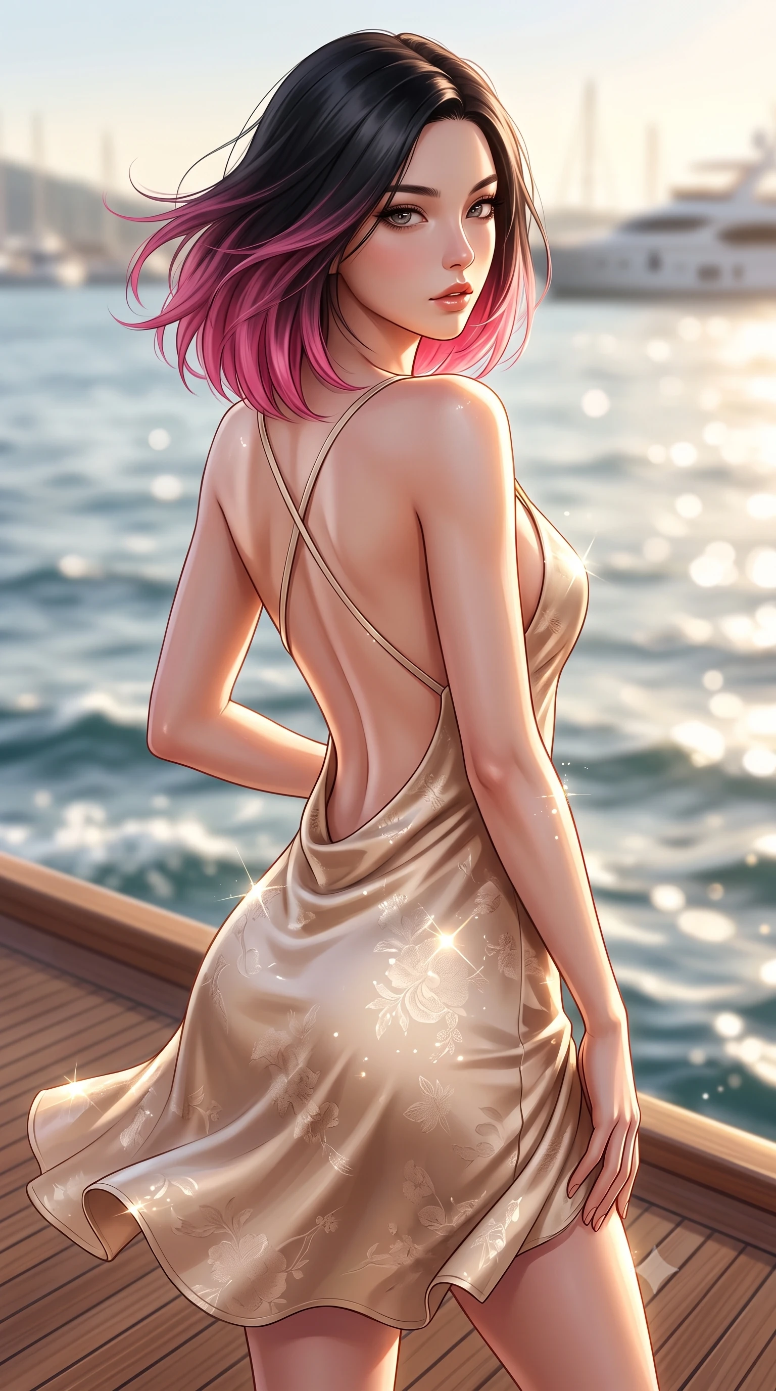 score_9, masterpiece, best quality, ultra-detailed, high-budget anime keyframe, semi-realistic 3D game render, editorial fashion photography, tasteful artistic composition, Korean woman. close-up cowboy shot from the waist and thighs up, the character dominates the composition, filling the frame with her large presence. twisting her slender torso in a deep contrapposto stance, hips dramatically shifted to accentuate her feminine curves while looking past her shoulder with smoldering bedroom-eyes while striding across the teak deck before pausing to pivot her hips in an alluring 3/4 rear view, sea breeze fluttering her form-fitting garments. The composition keeps background elements in soft focus with creamy bokeh. sunlight sparkle on ocean crests and champagne fizz scattering warm radiant light motes. She has an exceptionally elegant, slender, and willowy female figure with an ultra-slim waist, a gracefully sculpted slender torso, toned flat midriff, and rounded feminine hips creating an alluring hourglass silhouette. sharp v-shaped jawline, high-bridge nose, intricate jewel-like eyes with depth, thick eyelashes, glossy parted lips with a natural sheen, intensely captivating and seductive bedroom-eyes expression, flawlessly proportioned anatomical accuracy, strict slender model proportions, natural body alignment, perfectly sculpted long slender limbs, ultra-slim waistline, clean dynamic posture without body distortion. wearing a radiant champagne silk slip dress with an ultra-deep plunging back and delicate thin straps in desert sand beige and pearlescent bronze, tailored from smooth liquid silk satin with subtle floral jacquard, accented with criss-cross back straps highlighting her graceful bare spine, the precision-cut side openings and low-back scoop framing her graceful spine and the sensual sweep of her hips. illuminated by glowing specular sun glints defining her sculpted collarbones, ultra-slim waist, and curvy hips. highly saturated vibrant anime colors, detailed shading with soft gradients, rich glossy textures, high-contrast stereoscopic depth, volumetric dynamic lighting, master piece, 9:16 ratio