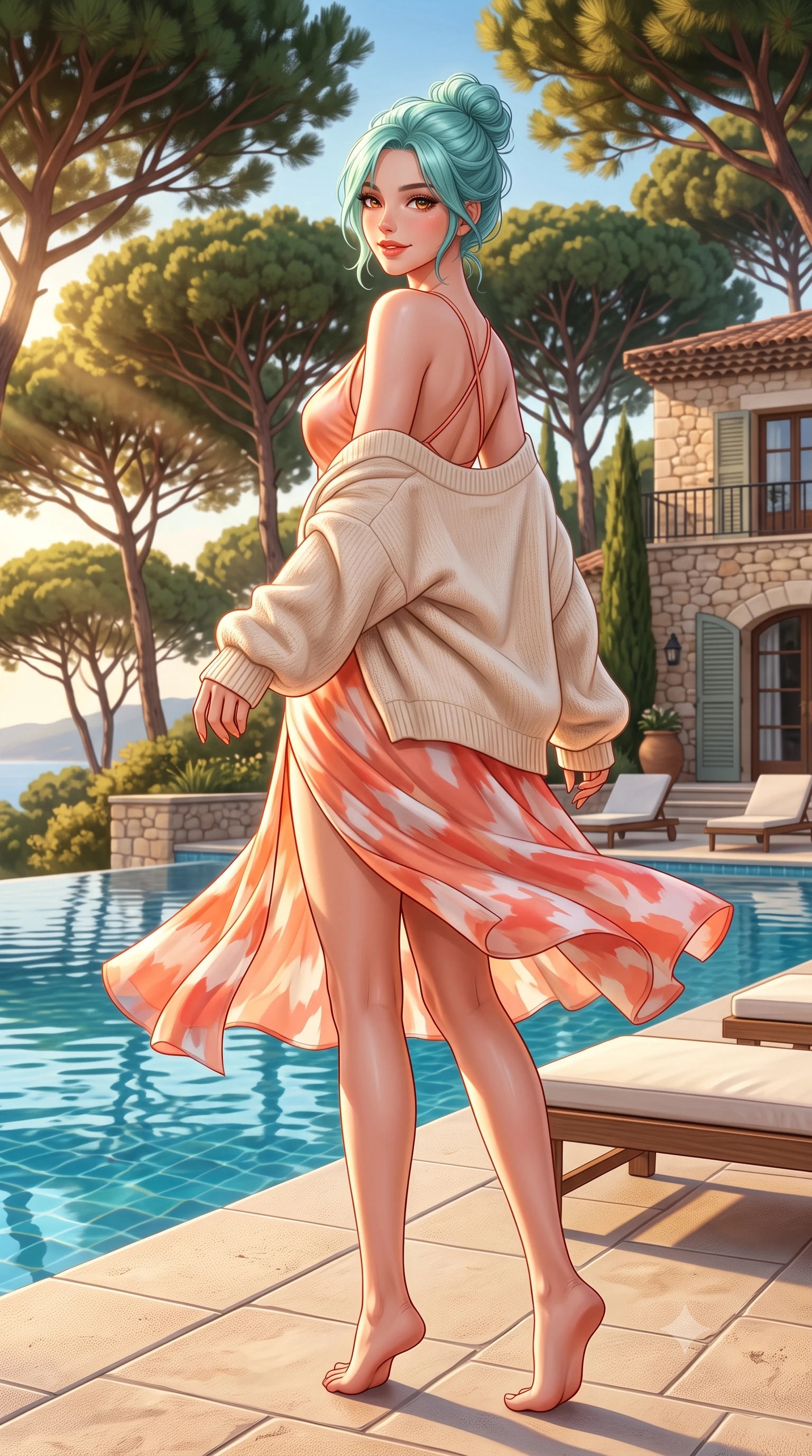 score_9, masterpiece, best quality, ultra-detailed, high-budget anime keyframe, semi-realistic 3D game render, editorial fashion photography, tasteful artistic composition, Japanese woman. low angle full-body shot from head to toe showing her feet, filling the entire 9:16 vertical frame with her statuesque presence, stretching her vertical silhouette. executing a cheerful mid-motion pivot turn as her resort dress flutters around her slender legs, glancing over her shoulder with an intoxicating, teasing bedroom-gaze while twisting her slender torso in an alluring S-curve beside the infinity pool, warm pine-scented evening breezes catching her silk resort dress. The surrounding environment is rendered in vivid detail and crisp panoramic clarity. detailed resort outfit drape, sun-kissed skin texture, and Provençal villa architectural precision in high resolution. She has an exceptionally tall and slender model-like 8.5-heads proportion, an ultra-slim waist, a flat toned midriff, narrow delicate ribcage, and beautifully sculpted feminine hips creating a graceful, slim hourglass silhouette without any bulky heaviness, with impossibly long slender legs. sharp v-shaped jawline, high-bridge nose, sparkling amber-hazel eyes with depth, long lush eyelashes, glossy sun-kissed lips with a warm coral glaze, radiant teasing smile with sensual sunlit bedroom-eyes, exuding effortless old-money elegance and intoxicating sun-drenched allure, flawlessly proportioned anatomical accuracy, strict slender model proportions, natural body alignment, perfectly sculpted long slender limbs, ultra-slim waistline, clean dynamic posture without body distortion. wearing a breezy cowl-neck peach silk satin sundress with criss-cross back straps and hip-accentuating silhouette in vibrant sunset coral and cloud white, tailored from airy semi-sheer chiffon that flutters gently in the evening breeze, complemented by an oversized soft cashmere knit cardigan slipping off one bare shoulder, the form-contouring cut accentuating her sculpted flat midriff, narrow delicate ribcage, and gracefully curvy hips with sun-drenched supermodel elegance. bathed in horizontal golden hour sunbeams filtering through the umbrella pine canopy. highly saturated vibrant anime colors, detailed shading with soft gradients, rich glossy textures, high-contrast stereoscopic depth, volumetric dynamic lighting, master piece, 9:16 ratio