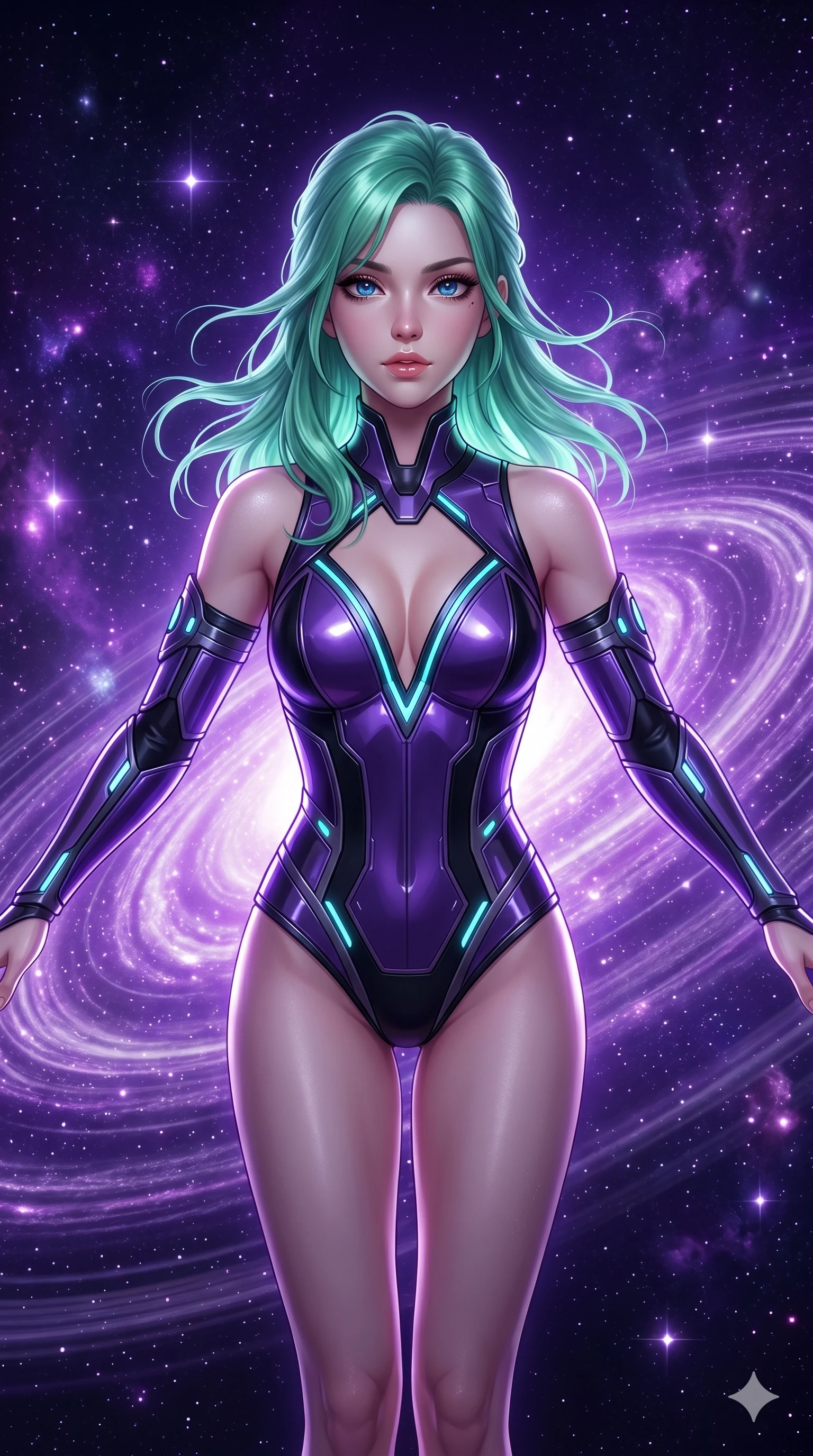 score_9, masterpiece, best quality, ultra-detailed, high-budget anime keyframe, semi-realistic 3D game render, Japanese woman. Upper body close-up from the thighs up, character filling the screen for maximum presence. She is floating weightlessly inside a brilliant violet galaxy, surrounded by swirling cosmic dust rings. She spreads her arms in a graceful flying pose, looking toward the camera. She has an absolutely perfect 8-heads proportion, a tall and elegant figure with a refined silhouette and a defined waistline. V-shaped jawline, high-bridge nose, intricate jewel-like eyes with depth, thick eyelashes, glossy lips with a natural sheen. She is wearing a structured cybernetic bodice in glossy vinyl panels, paired with detached sleeves and a refined V-neckline detailed with glowing piping. The scene is bathed in brilliant purple starlight and a sharp white front key light highlighting her details. 2k, ultra detail, master piece, 9:16 ratio
