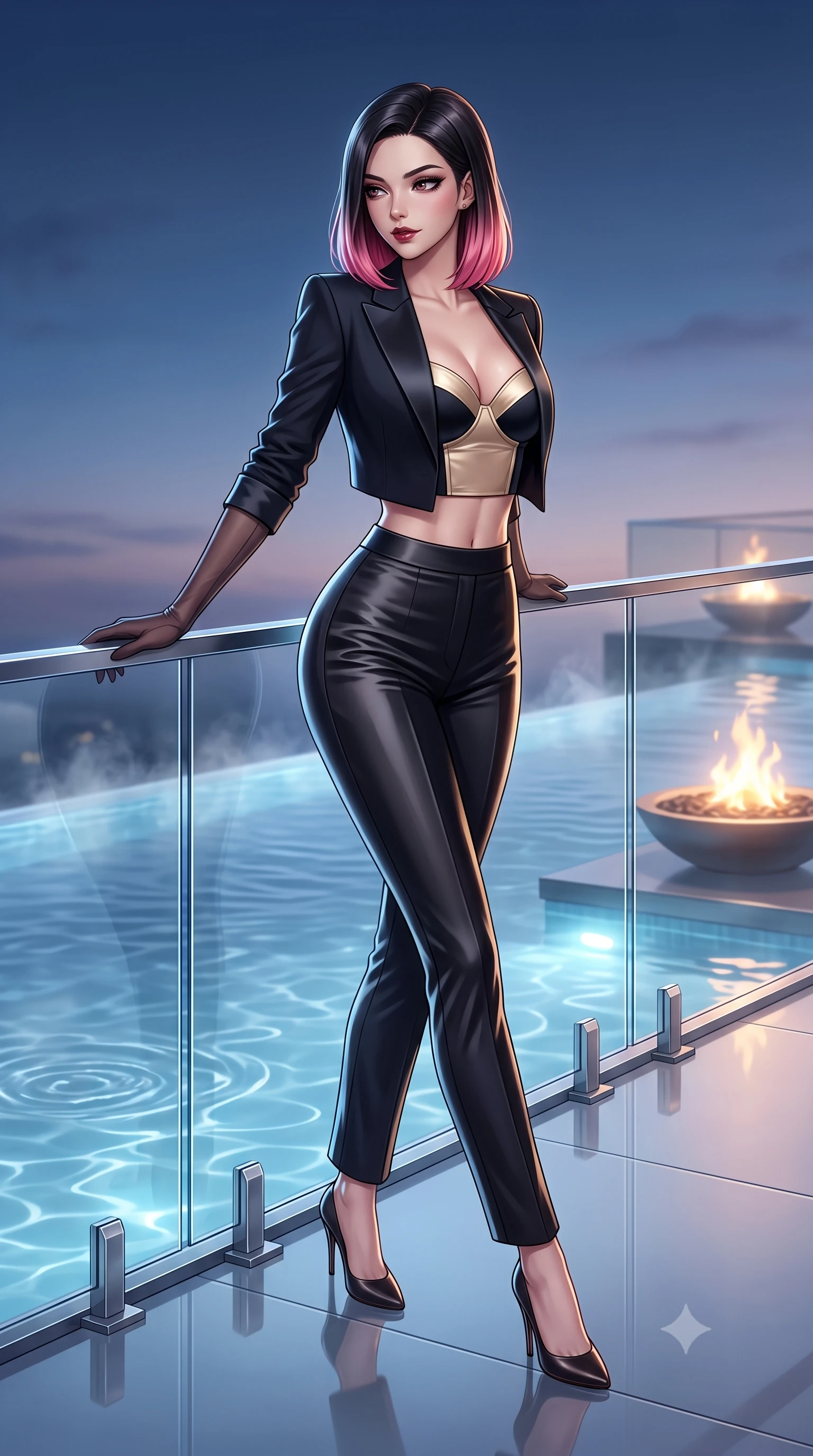 score_9, masterpiece, best quality, ultra-detailed, high-budget anime keyframe, semi-realistic 3D game render, editorial fashion photography, tasteful artistic composition, Korean woman. low angle full-body shot from head to toe showing her feet, filling the entire 9:16 vertical frame with her statuesque presence, stretching her vertical silhouette. striding forward gracefully across the reflective floor with sovereign supermodel poise, hips swaying in an alluring kinetic rhythm that accentuates her curvy hourglass silhouette and long slender legs while leaning back against the sleek glass parapet with hips cocked back, casting an intoxicating, sultry bedroom-gaze over a bare shoulder toward the lens. The composition keeps background elements in soft focus with dreamy creamy bokeh. steaming infinity pool water ripples and minimalist poolside fire pits softened in futuristic luxury shallow focus. She has an exceptionally tall and slender model-like 8.5-heads proportion, an ultra-slim waist, a flat toned midriff, narrow delicate ribcage, and beautifully sculpted feminine hips creating a graceful, slim hourglass silhouette without any bulky heaviness, with impossibly long slender legs. sharp v-shaped jawline, high-bridge nose, intricate jewel-like dark sparkling eyes with dangerous depth, thick curled eyelashes, glossy parted lips with a rich wine sheen, smoldering seductive half-smile with bedroom-eyes, exuding effortless superiority and intoxicating dark allure, flawlessly proportioned anatomical accuracy, strict slender model proportions, natural body alignment, perfectly sculpted long slender limbs, ultra-slim waistline, clean dynamic posture without body distortion. wearing a tailored cropped midnight-black tuxedo blazer worn over a structured bustier top and high-waisted cigarette trousers in midnight jet-black and liquid champagne gold, crafted from heavy fluid silk satin with a liquid mirror-like drape, complemented by sheer dark opera gloves reaching past her elbows, the glove-like silhouette tightly following the natural contour of her hips and long slender legs with youthful 8.5-heads elegance. illuminated by underwater pool LED accents and crisp platinum rim lighting sharply defining her slim waist, toned midriff, and curvy hips. highly saturated vibrant anime colors, detailed shading with soft gradients, rich glossy textures, high-contrast stereoscopic depth, volumetric dynamic lighting, master piece, 9:16 ratio