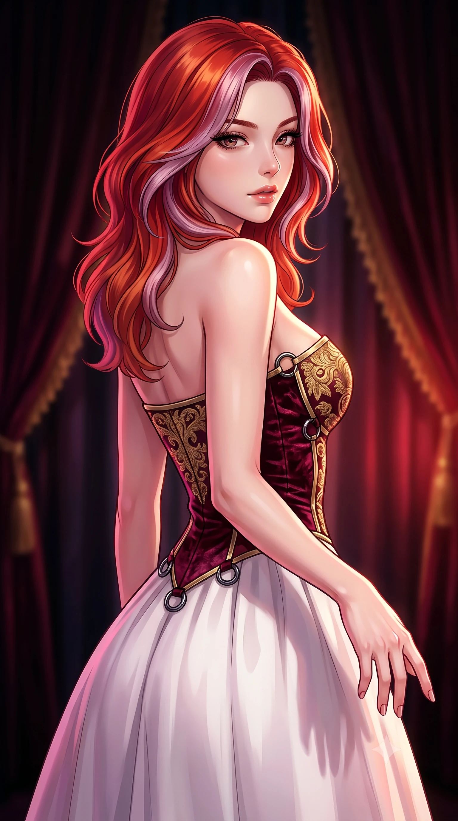 score_9, masterpiece, best quality, ultra-detailed, high-budget anime keyframe, editorial fashion photography, tasteful artistic composition, Caucasian woman. close-up cowboy shot from the waist and thighs up, the character dominates the composition, filling the frame with her large presence, background elements kept in soft focus. Reaching one hand toward the viewer with relaxed sensual elegance, looking back over her bare shoulder in a dimly lit private penthouse boudoir, heavy velvet curtains creating rich dark shadows and deep color accents. She has an exceptionally elegant, slender, and willowy female figure with an ultra-slim waist, a gracefully sculpted slender torso, and a refined silhouette. sharp v-shaped jawline, high-bridge nose, intricate jewel-like eyes with depth, thick eyelashes, glossy lips with a natural sheen. wearing modern fusion white hanbok dress with structured gold-embroidered bodice in deep crimson burgundy, made of crushed dark silk velvet, trimmed with dark chrome ring hardware along the waist contours, accentuating her gracefully sculpted slender torso. surrounded by a moody crimson and gold glow with sharp edge highlights. highly saturated vibrant anime colors, detailed shading with soft gradients, rich glossy textures, high-contrast stereoscopic depth, volumetric dynamic lighting, master piece, 9:16 ratio
