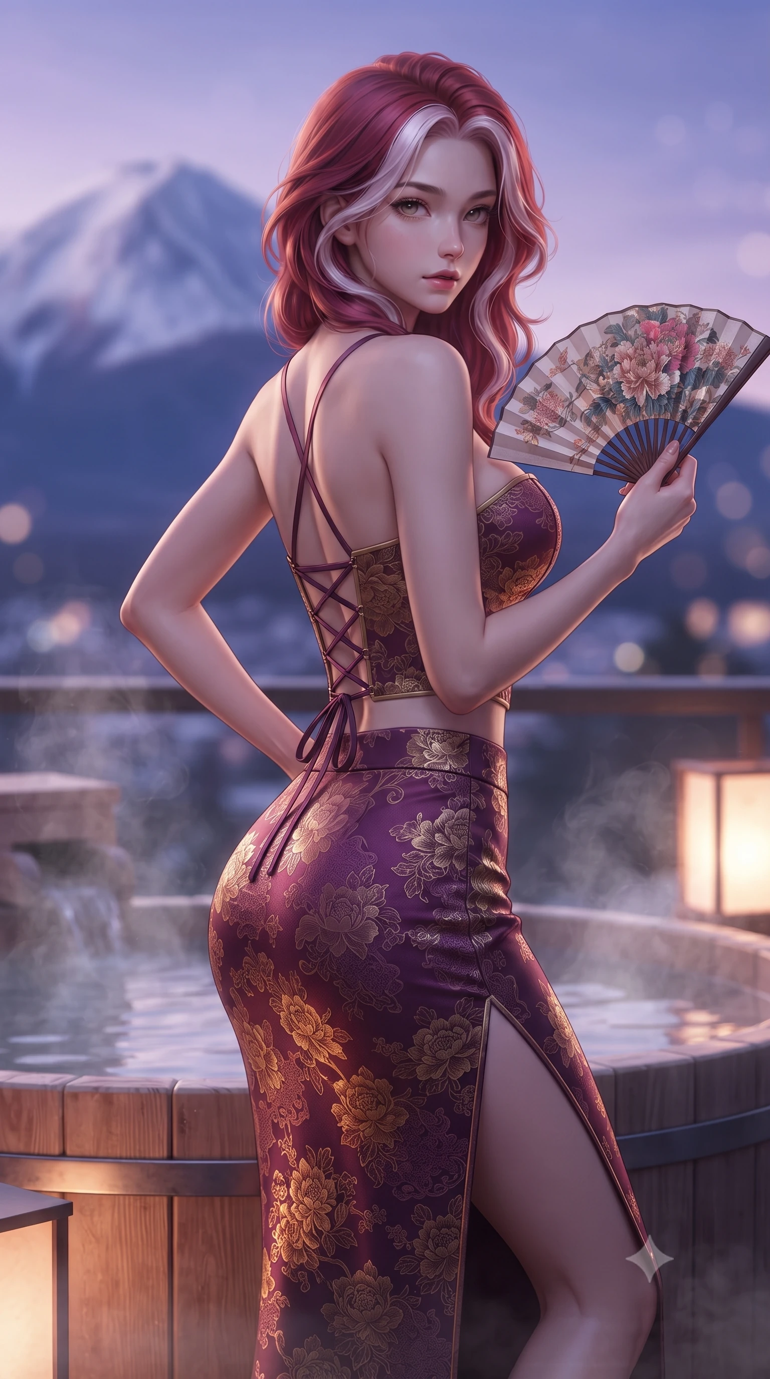 score_9, masterpiece, best quality, ultra-detailed, high-budget anime keyframe, editorial fashion photography, tasteful artistic composition, Caucasian woman. close-up cowboy shot from the waist and thighs up, the character dominates the composition, filling the frame with her large presence. twisting her slender torso in an alluring contrapposto stance, one hand resting on her sculpted hip while holding a traditional silk folding fan with effortless poise while resting against the steaming outdoor cedar hot tub with hips cocked back, looking over a bare shoulder with an alluring, mist-veiled gaze. The background shows a soft-focus the iconic symmetrical snow cone of Mount Fuji and twilight purple alpine sky blurred into indigo, rose-gold, and frosty white bokeh. She has an exceptionally elegant, slender, and willowy female figure with an ultra-slim waist, flat toned midriff, narrow ribcage, and sculpted feminine hips creating an alluring, slim hourglass silhouette without bulk. sharp v-shaped jawline, high-bridge nose, intricate jewel-like dark sparkling almond eyes with depth, thick lashes, glossy parted lips with a natural rose-plum sheen, bright alluring and coquettish smile with bedroom-eyes, exuding both timeless oriental elegance and sovereign high-fashion allure, flawlessly proportioned anatomical accuracy, strict slender model proportions, natural body alignment, perfectly sculpted long slender limbs, ultra-slim waistline, clean dynamic posture without body distortion. wearing a sweetheart-neckline oriental jacquard bustier top paired with a curve-hugging high-slit mermaid maxi skirt in rich plum violet and gilded bronze embroidery, woven from delicate semi-opaque floral lace with oriental peony patterns, finished with criss-cross back satin laces tracing her slender spine, the high-waisted wrap tailoring accentuating her ultra-slim waistline and the enchanting curve of her feminine hips with alluring oriental charm. bathed in soft alpine twilight and warm glowing paper lantern light. ultra-reflective glossy finish, specular highlights, rich textural contrasts, high-contrast stereoscopic depth, volumetric dynamic lighting, 2k, ultra detail, master piece, 9:16 ratio
