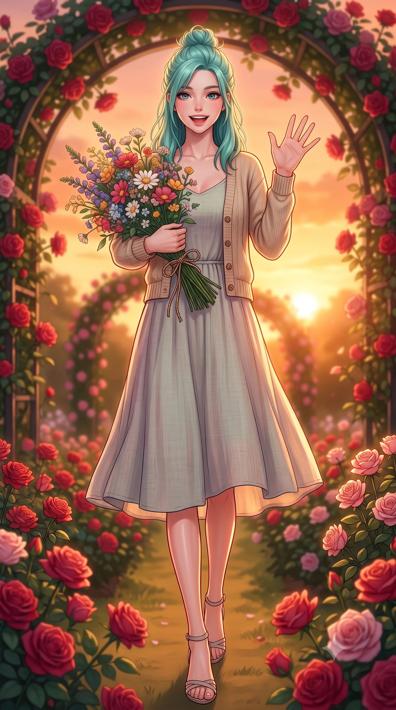 score_9, masterpiece, best quality, ultra-detailed, high-budget anime keyframe, editorial fashion photography, tasteful artistic composition, Japanese woman. low angle full-body shot from head to toe showing her feet, filling the entire 9:16 vertical frame with her statuesque presence, stretching her vertical silhouette. stepping forward with a bright, cheerful smile, waving happily at the viewer set against a soft-focus background of in a beautifully landscaped rose garden with archways of red roses holding a beautiful wildflower bouquet tied with a simple twine ribbon. She has an absolutely perfect, statuesque 8.5-heads proportion, an exceptionally tall and slender model-like female figure with impossibly long slender legs and an ultra-slim waist. sharp v-shaped jawline, high-bridge nose, intricate jewel-like eyes with depth, thick eyelashes, glossy lips with a natural sheen. wearing slim-fit cozy knit cardigan in beige, layered over a casual linen dress. golden hour sunset light casting a warm, romantic orange glow over the field. highly saturated vibrant anime colors, detailed shading with soft gradients, rich glossy textures, high-contrast stereoscopic depth, volumetric dynamic lighting, master piece, 9:16 ratio