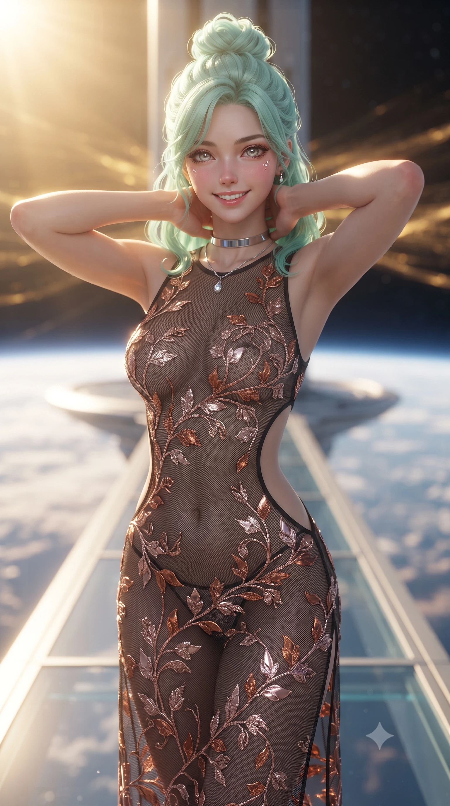 score_9, masterpiece, best quality, ultra-detailed, high-budget anime keyframe, editorial fashion photography, tasteful artistic composition, Japanese woman. close-up cowboy shot from the waist and thighs up, the character dominates the composition, filling the frame with her large presence. resting both hands lightly behind her neck with elbows raised, arching her spine to highlight her narrow waist, flat midriff, and breathtaking collarbones while standing poised on the narrow transparent catwalk of the external sensor spire high above Earth, arching her lower back as golden solar wind filaments shimmer past. The background shows a soft-focus solar flare ionization haze softened in orbital spire platform shallow focus. She has an exceptionally elegant, slender, and willowy female figure with an ultra-slim waist, flat toned midriff, narrow ribcage, and sculpted feminine hips creating an alluring, slim hourglass silhouette without bulk. sharp v-shaped jawline, high-bridge nose, intricate jewel-like sparkling eyes with depth, thick eyelashes, glossy parted lips with a natural peach sheen, bright cheerful beaming smile with an enchanting and coquettish sensual glint, exuding both youthful cute charm and seductive allure, flawlessly proportioned anatomical accuracy, strict slender model proportions, natural body alignment, perfectly sculpted long slender limbs, ultra-slim waistline, clean dynamic posture without body distortion. wearing a provocative sheer noir illusion mesh combat dress with embroidered climbing metallic ivy ribbons contouring her curves in high-gloss rose-gold and burnished copper, woven from fine semi-opaque stretch illusion mesh tracing her slender contours, finished with a minimalist chrome choker and a single teardrop diamond pendant, the precision-cut side openings and low-back scoop framing her graceful spine and the sensual sweep of her slim, toned hips. bathed in the blinding warm golden 3500K solar radiance filtered through polarizing helmet smart-glass. ultra-reflective glossy finish, specular highlights, rich textural contrasts, high-contrast stereoscopic depth, volumetric dynamic lighting, 2k, ultra detail, master piece, 9:16 ratio