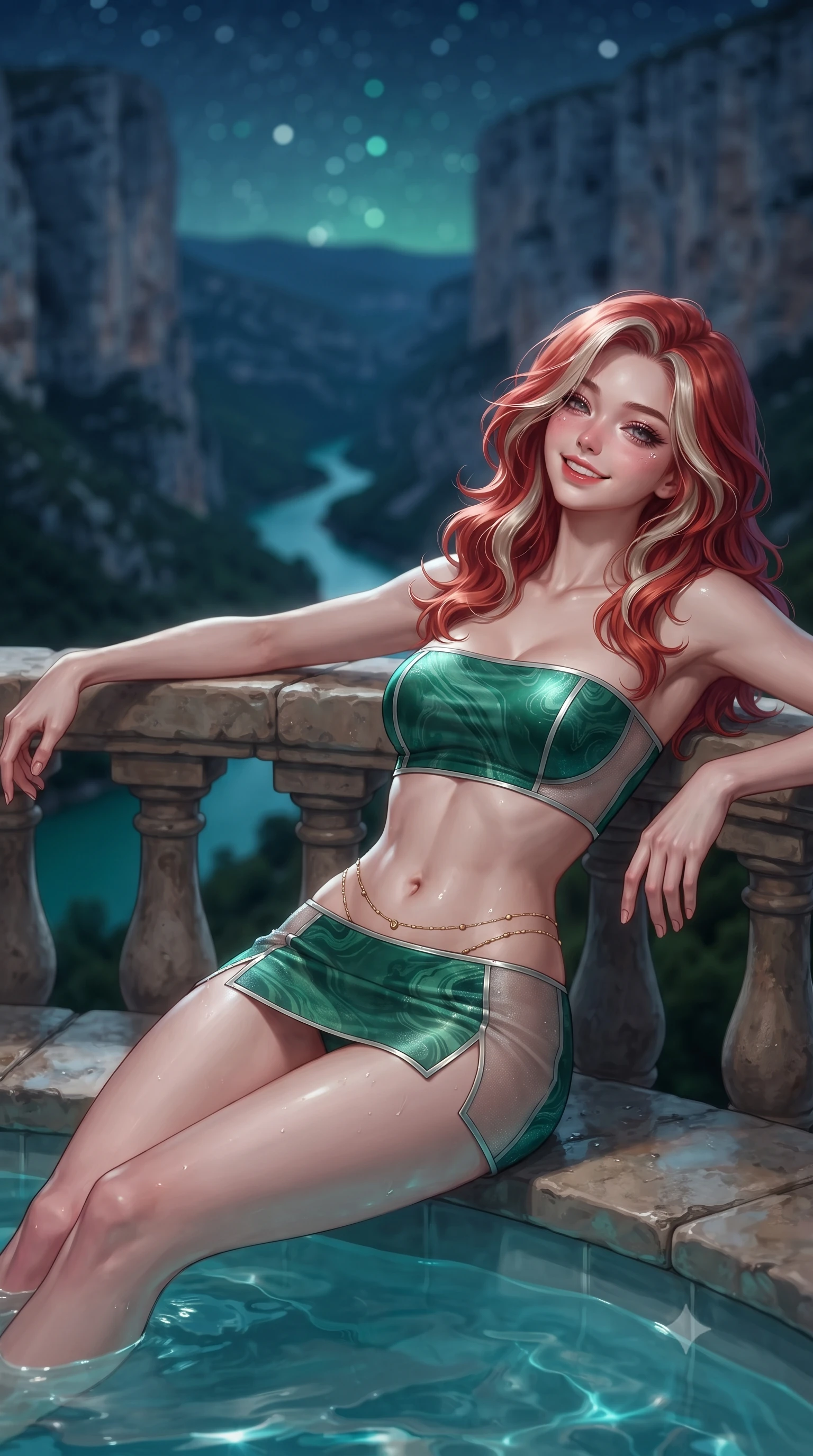 score_9, masterpiece, best quality, ultra-detailed, high-budget anime keyframe, editorial fashion photography, tasteful artistic composition, Caucasian woman. close-up cowboy shot from the waist and thighs up, the character dominates the composition, filling the frame with her large presence. leaning back against the balustrade with relaxed seductive grace, head tilted back slightly while casting a hypnotic, heavy-lidded gaze while lounging in the heated water propped on the pool rim with legs extended, her statuesque 8.5-heads silhouette commanding the canyon panorama. The background shows a soft-focus monumental vertical limestone canyon walls towering into the night, winding emerald-turquoise Verdon river far below, and starry sky blurred into jade, turquoise, and silver bokeh. She has an exceptionally elegant, slender, and willowy female figure with an ultra-slim waist, flat toned midriff, narrow ribcage, and sculpted feminine hips creating an alluring, slim hourglass silhouette without bulk. sharp v-shaped jawline, high-bridge nose, intricate jewel-like sparkling eyes with depth, thick eyelashes, glossy parted lips with a natural peach sheen, bright cheerful beaming smile with an enchanting and coquettish sensual glint, exuding both youthful cute charm and seductive allure, flawlessly proportioned anatomical accuracy, strict slender model proportions, natural body alignment, perfectly sculpted long slender limbs, ultra-slim waistline, clean dynamic posture without body distortion. wearing an ultra-cropped fitted bandeau top paired with a micro mini tennis skirt revealing her flat midriff in Art Nouveau malachite green and antique starlight silver, featuring strategic sheer-illusion tulle side panels framing her ribcage and hips, accented with a dainty gold belly chain resting across her flat midriff and curving hips, the glove-like clinging cut tightly following the natural contour of her hips and long slender legs with youthful 8.5-heads elegance. illuminated by pool water reflection bounce and sharp platinum-cyan rim lights defining her dewy collarbones, ultra-slim waist, and curvy hips. ultra-reflective glossy finish, specular highlights, rich textural contrasts, high-contrast stereoscopic depth, volumetric dynamic lighting, 2k, ultra detail, master piece, 9:16 ratio