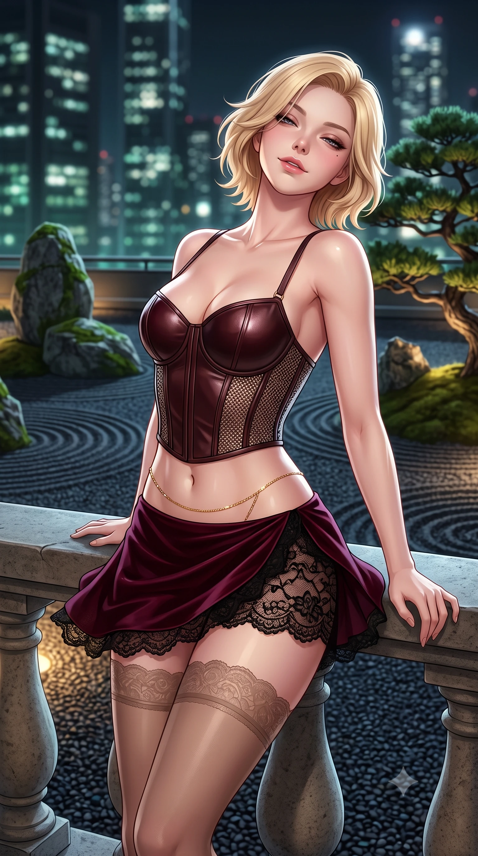 score_9, masterpiece, best quality, ultra-detailed, high-budget anime keyframe, semi-realistic 3D game render, editorial fashion photography, tasteful artistic composition, Caucasian woman. close-up cowboy shot from the waist and thighs up, the character dominates the composition, filling the frame with her large presence. leaning back against the balustrade with relaxed seductive grace, head tilted back slightly while casting a hypnotic, heavy-lidded gaze while twisting her slender torso in an alluring S-curve, gentle night breezes fluttering her silk dress as Shinjuku skyscraper towers loom behind. The background shows a soft-focus raked concentric ripple patterns in dark gravel, sculptural moss-covered boulders, and towering Tokyo skyscraper lights blurred into jade, charcoal, and starlight bokeh. She has an exceptionally elegant, slender, and willowy female figure with an ultra-slim waist, flat toned midriff, narrow ribcage, and sculpted feminine hips creating an alluring, slim hourglass silhouette without bulk. sharp v-shaped jawline, high-bridge nose, sparkling eyes with hypnotic seductive depth, thick curled eyelashes, glossy parted lips with a natural dewy peach sheen, alluring bedroom-eyes with an enchanting coquettish smile, exuding magnetic siren charisma and sophisticated glamour, flawlessly proportioned anatomical accuracy, strict slender model proportions, natural body alignment, perfectly sculpted long slender limbs, ultra-slim waistline, clean dynamic posture without body distortion. wearing a structured boned leatherette corset bodice paired with an ultra-short micro-wrap mini skirt and sheer thigh-high stockings in deep bordeaux velvet and delicate black chantilly, crafted from shimmering fluid chainmail mesh reflecting ambient lights, accented with a dainty gold belly chain resting across her flat midriff and curving hips, the glove-like clinging cut tightly following the natural contour of her hips and long slender legs with youthful 8.5-heads elegance. bathed in soft 2800K low-voltage garden ground spotlights highlighting the bonsai pine mixed with full moon sky glow. highly saturated vibrant anime colors, detailed shading with soft gradients, rich glossy textures, high-contrast stereoscopic depth, volumetric dynamic lighting, master piece, 9:16 ratio