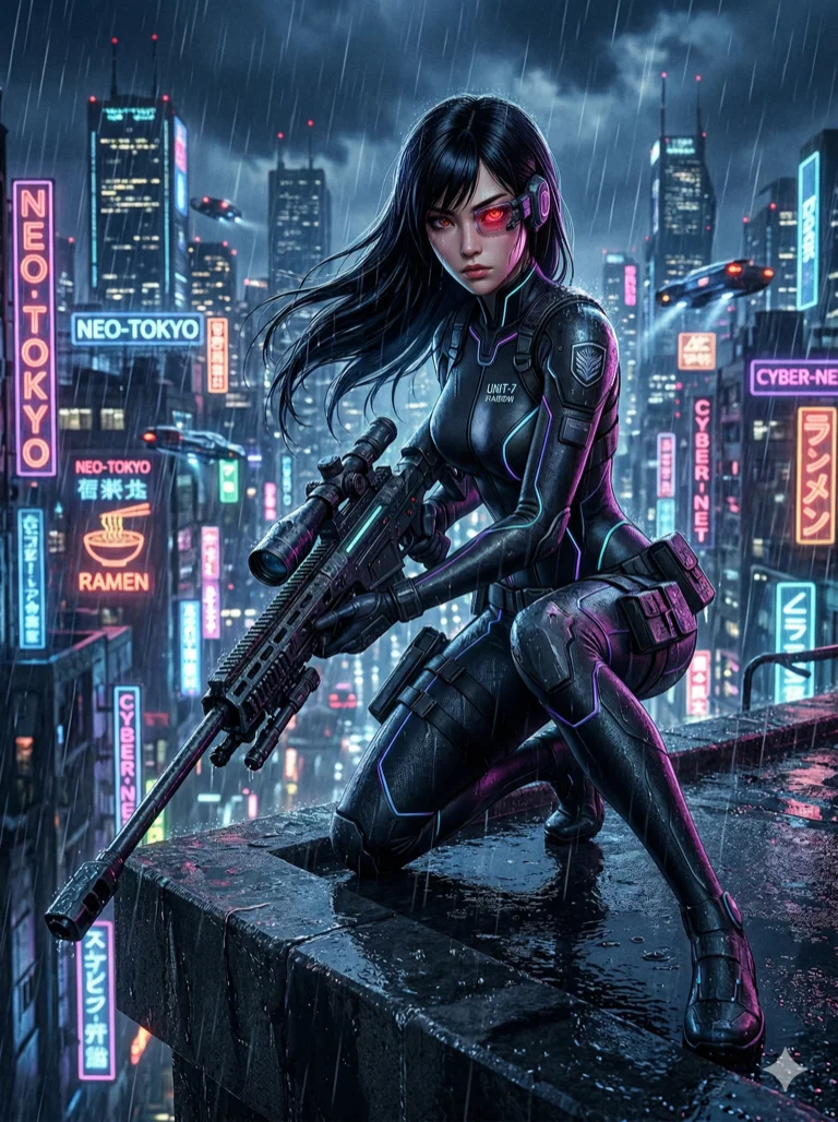 score_9, masterpiece, best quality, ultra-detailed, highend animation style, an incredibly beautiful Japanese woman. Low angle cowboy shot filling the frame. She is a futuristic sniper waiting on a rainy building ledge, her eye piece glowing red. She has an absolutely perfect 8-heads proportion, an exceptionally tall female figure with long slender legs and a slim-fit toned body. Her face is a highly detailed masterpiece featuring a v-shaped jawline, high-bridge nose, intricate jewel-like eyes, thick eyelashes, and glossy lips. She has raven black flowing hair. She is wearing a tight-fitting tech-wear suit with glowing lines, highlighting her alluring silhouette. Rainy city skyline at night, dramatic rim lighting, radiant glowing skin, cinematic dynamic light, 2k, ultra detail, master piece, 3:4 ratio