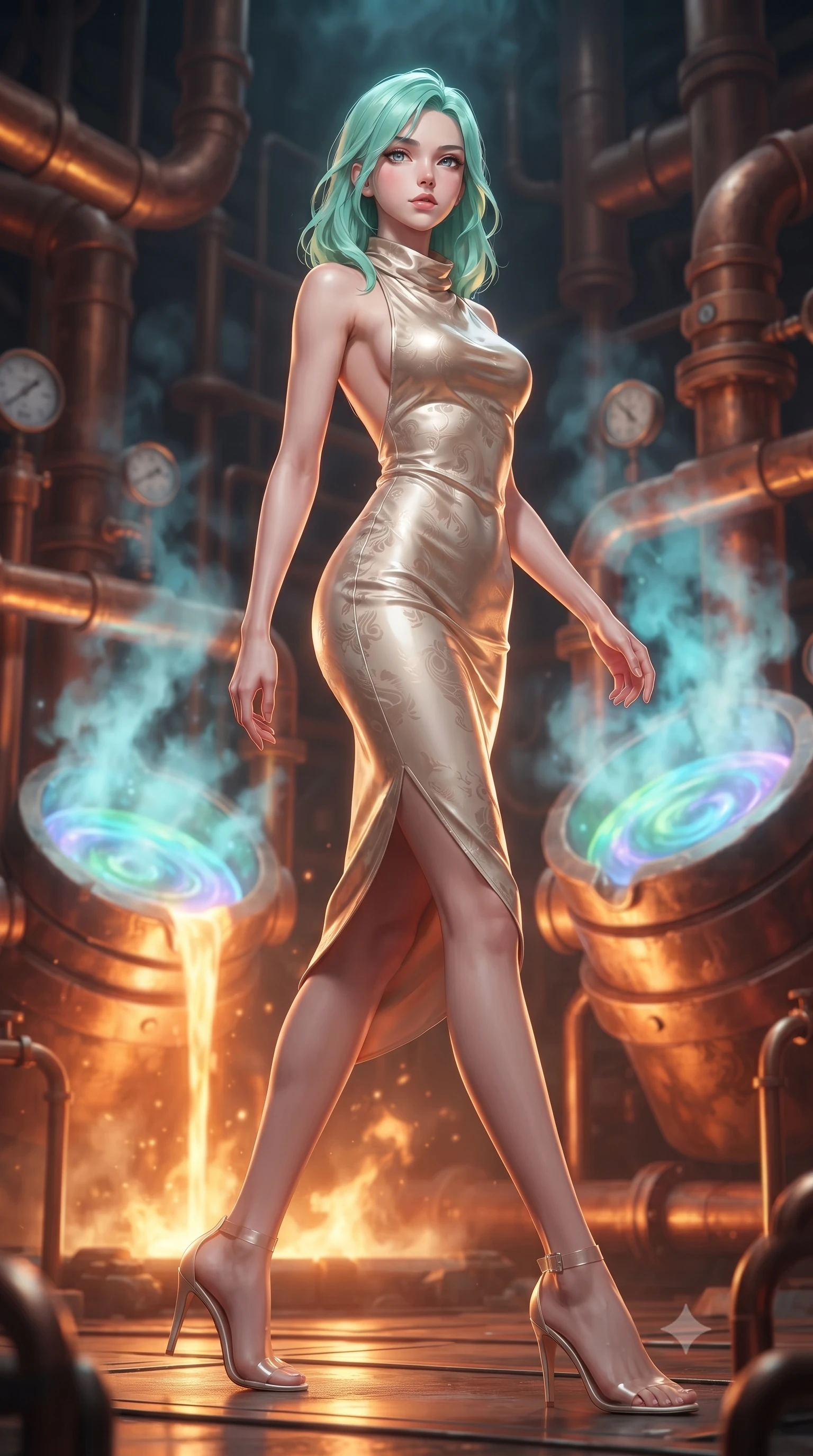 score_9, masterpiece, best quality, ultra-detailed, high-budget anime keyframe, editorial fashion photography, tasteful artistic composition, Japanese woman woman. low angle full-body shot from head to toe showing her feet, filling the entire 9:16 vertical frame with her statuesque presence, stretching her vertical silhouette. She has an absolutely perfect, statuesque 8.5-heads proportion, an exceptionally tall and slender model-like female figure with impossibly long slender legs and an ultra-slim waist. stepping gracefully forward in a proud statuesque stride, her body turning in a fluid S-curve silhouette, flawlessly proportioned anatomical accuracy, natural body alignment, perfectly sculpted elegant limbs, clean dynamic posture without body distortion. set against a soft-focus background of a copper pipe industrial foundry with liquid aurora crucibles. wearing a sculpted champagne satin bodycon gown following her slender silhouette like liquid metal. bathed in intense orange furnace light clashing with cool cyan steam highlights. ultra-reflective glossy finish, specular highlights, metallic sheen, high-contrast stereoscopic depth, volumetric dynamic lighting, 2k, ultra detail, master piece, 9:16 ratio