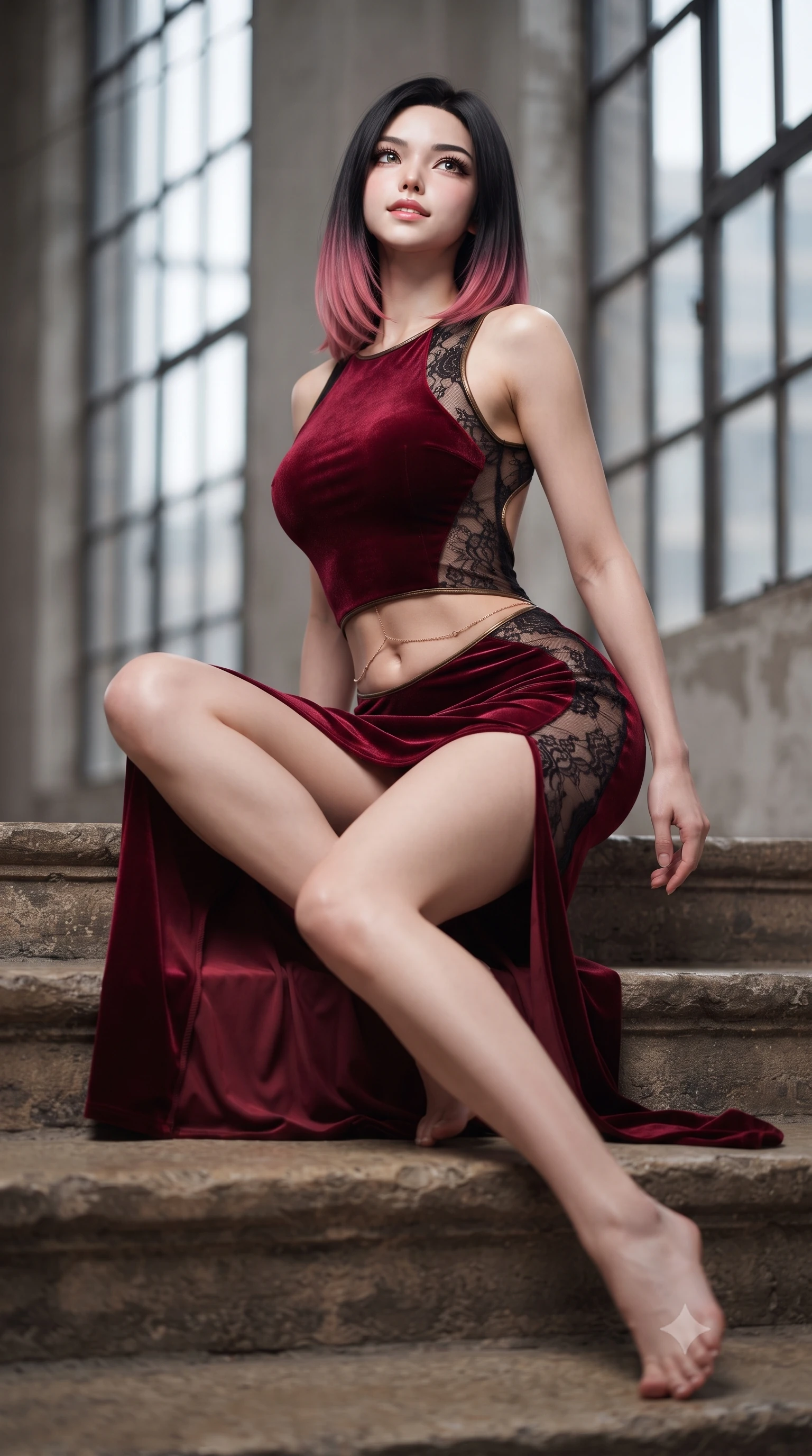 score_9, masterpiece, best quality, ultra-detailed, high-budget anime keyframe, editorial fashion photography, tasteful artistic composition, Korean woman. low angle full-body shot from head to toe showing her feet, filling the entire 9:16 vertical frame with her statuesque presence, stretching her vertical silhouette. sitting poised on the stone steps with one knee bent, arching her spine with supermodel elegance as she glances upward through thick eyelashes while twisting her slender torso in an alluring contrapposto stance, geometric window mullion shadows carving sharp lines across her curves. The background shows a soft-focus industrial steel sash windows softened in legendary Bauhaus shallow focus. She has an absolutely perfect, statuesque 8.5-heads proportion, an exceptionally tall and slender model-like female figure with impossibly long slender legs, an ultra-slim waist, a flat toned midriff, narrow delicate ribcage, and beautifully sculpted feminine hips creating a graceful, slim hourglass silhouette without any bulky heaviness. sharp v-shaped jawline, high-bridge nose, sparkling eyes with hypnotic seductive depth, thick curled eyelashes, glossy parted lips with a natural dewy peach sheen, alluring bedroom-eyes with an enchanting coquettish smile, exuding magnetic siren charisma and sophisticated glamour, flawlessly proportioned anatomical accuracy, strict slender model proportions, natural body alignment, perfectly sculpted long slender limbs, ultra-slim waistline, clean dynamic posture without body distortion. wearing a form-contouring deep crimson velvet bodycon gown with a daring hip-high slit and sheer black lace side cutouts in deep blood-red velvet and midnight obsidian black with antique bronze trims, made of delicate semi-sheer French Chantilly lace with intricate eyelash edges, accented with a dainty gold belly chain resting across her flat midriff and curving hips, the precision-cut side openings and low-back scoop framing her graceful spine and the sensual sweep of her slim, toned hips. illuminated by chrome chair specular bounce and sharp platinum rim lights sculpting her jawline, flat midriff, and voluptuous hip curves. ultra-reflective glossy finish, specular highlights, rich textural contrasts, high-contrast stereoscopic depth, volumetric dynamic lighting, 2k, ultra detail, master piece, 9:16 ratio