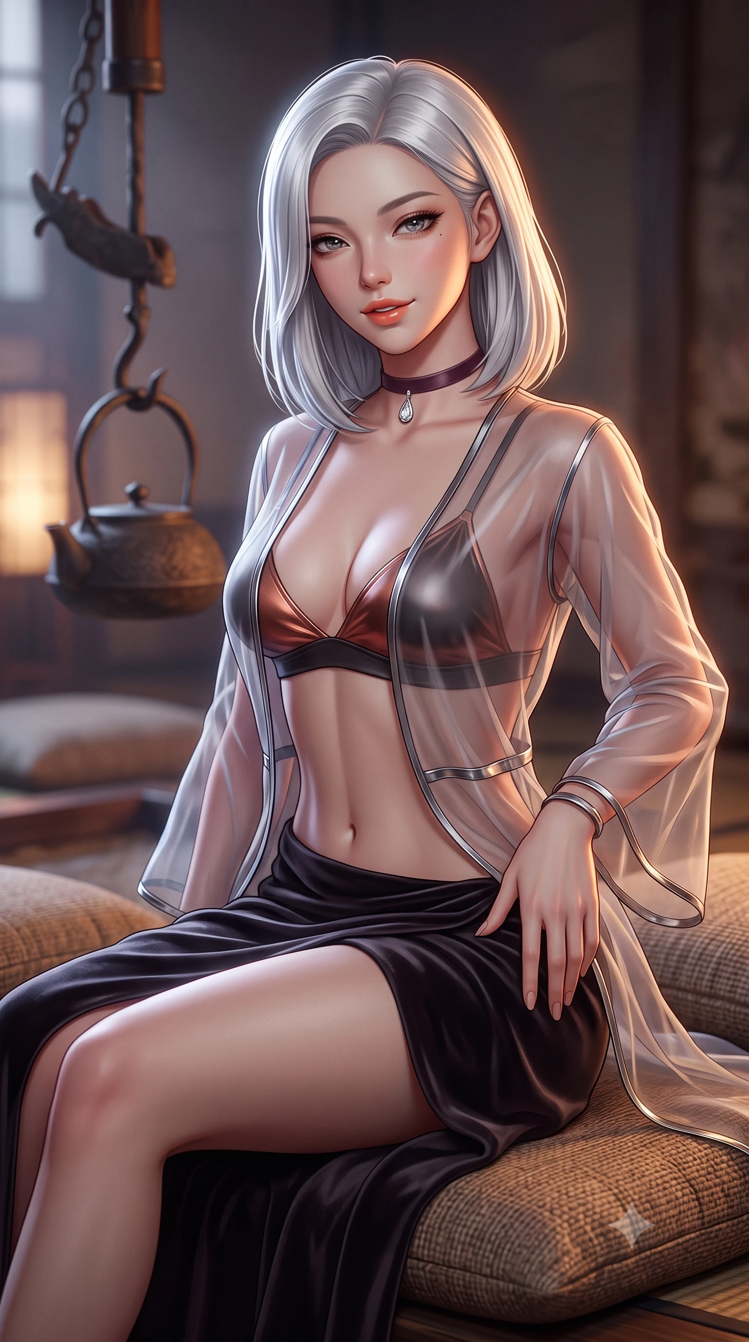 score_9, masterpiece, best quality, ultra-detailed, high-budget anime keyframe, semi-realistic 3D game render, editorial fashion photography, tasteful artistic composition, Korean woman. close-up cowboy shot from the waist and thighs up, the character dominates the composition, filling the frame with her large presence. tilting her head with a teasing half-smile, running one hand slowly down the side of her hip in a flirtatious S-curve as ambient light caresses her silhouette while sitting gracefully in a relaxed side drape on the plush woven cushions, flashing an enchanting smile with parted glossy lips. The background shows a soft-focus hanging wrought-iron kettle hook softened in Edo period historic mountain waystation shallow focus. She has an exceptionally elegant, slender, and willowy female figure with an ultra-slim waist, flat toned midriff, narrow ribcage, and sculpted feminine hips creating an alluring, slim hourglass silhouette without bulk. sharp v-shaped jawline, high-bridge nose, intricate jewel-like sparkling eyes with depth, thick eyelashes, glossy parted lips with a natural peach sheen, bright cheerful beaming smile with an enchanting and coquettish sensual glint, exuding both youthful cute charm and seductive allure, flawlessly proportioned anatomical accuracy, strict slender model proportions, natural body alignment, perfectly sculpted long slender limbs, ultra-slim waistline, clean dynamic posture without body distortion. wearing a delicate sheer organza futuristic caftan with metallic chrome accents worn open over a micro liquid-metal bralette in sultry copper rose and deep shadow charcoal, tailored from ultra-plush silk velvet with rich tactile depth and deep shadow gradients, finished with a thin velvet ribbon choker and a single teardrop diamond pendant, the glove-like clinging cut tightly following the natural contour of her hips and long slender legs with youthful 8.5-heads elegance. illuminated by polished floor bounce and sharp copper-gold rim lights defining her razor-sharp jawline, narrow waist, and curvy hips. highly saturated vibrant anime colors, detailed shading with soft gradients, rich glossy textures, high-contrast stereoscopic depth, volumetric dynamic lighting, master piece, 9:16 ratio