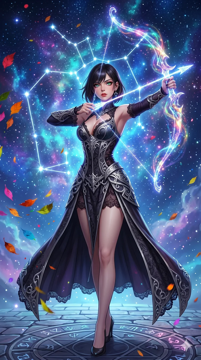 첨부의 캐릭터 얼굴만 유지해, score_9, masterpiece, best quality, ultra-detailed, Set B: Semi-realistic 3D Game Render, Caucasian woman (strictly human ears). Low angle cowboy shot filling the entire 9:16 frame with her statuesque presence. Summoning a bow and arrow made of starlight. She has an absolutely perfect 8-heads proportion, an exceptionally tall and slender female figure with elegant long slender legs and an slender waist. Sharp v-shaped jawline, high-bridge nose, intricate jewel-like eyes with depth, thick eyelashes, glossy lips. Wearing a Dark Fantasy outfit: gothic lace corset gown with silver armor and a v-neckline. Background is a bright and colorful night sky with a glowing constellation bow and vibrant stars. 2k, ultra detail, master piece, 9:16 ratio
