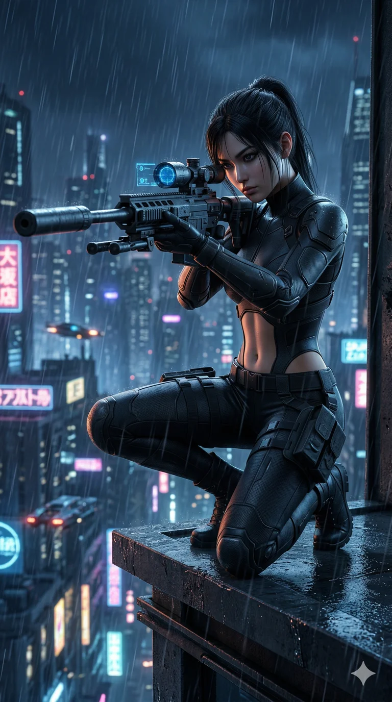 score_9, masterpiece, best quality, ultra-detailed, photorealistic 8k CG render, an incredibly beautiful Japanese woman. Low angle cowboy shot filling the frame. She is a futuristic sniper on a skyscraper ledge, aiming through a holographic scope. She has an absolutely perfect 8-heads proportion, an exceptionally tall and slender female figure with long slender legs. Her face is a masterpiece with raven black hair and focused jewel-like eyes. She is wearing a tight-fitting tech-wear suit with sensual midriff exposed, highlighting her alluring silhouette. Rainy city skyline at night, dramatic rim lighting, cinematic shadows, 2k, ultra detail, master piece, 9:16 ratio