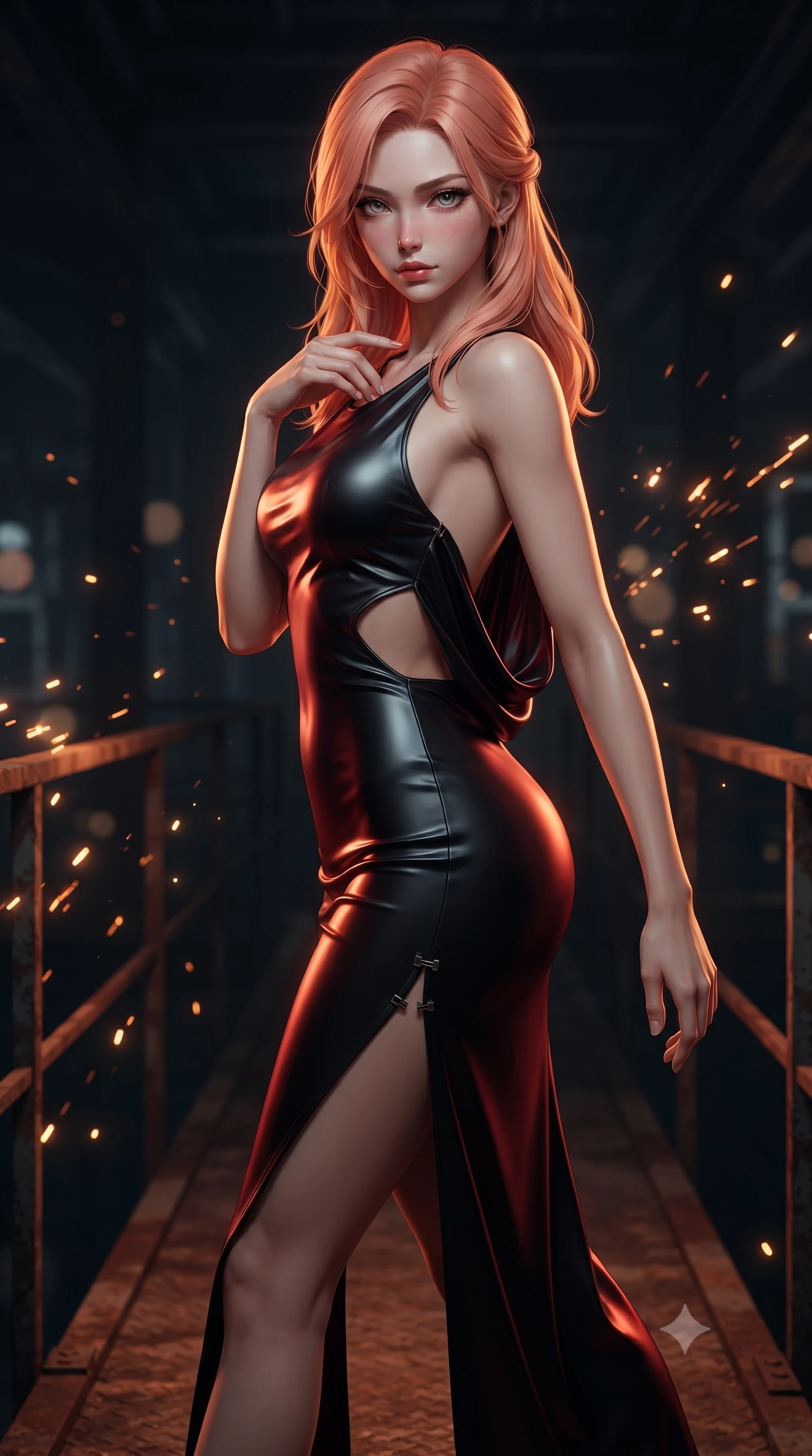 score_9, masterpiece, best quality, ultra-detailed, high-budget anime keyframe, editorial fashion photography, tasteful artistic composition, Japanese woman. close-up cowboy shot from the waist and thighs up, the character dominates the composition, filling the frame with her large presence. leaning forward with a dangerous, enticing smolder, trailing one finger slowly along her bare collarbone while casting a fiery, magnetic direct gaze while stepping along a narrow steel catwalk with hips swaying with fierce, provocative authority. The composition keeps background elements in soft focus with creamy bokeh. sparks from severed conduits scattering glowing light motes across a dark industrial backdrop. She has an exceptionally elegant, slender, and willowy female figure with an ultra-slim waist, a gracefully sculpted slender torso, toned flat midriff, and a refined slim silhouette. sharp v-shaped jawline, high-bridge nose, intricate jewel-like eyes with depth, thick eyelashes, glossy lips with a natural sheen, flawlessly proportioned anatomical accuracy, strict slender model proportions, natural body alignment, perfectly sculpted long slender limbs, ultra-slim waistline, clean dynamic posture without body distortion. wearing a precision-fitted liquid jersey bodycon dress in obsidian black with a dramatic draped cowl back that swoops down to her waist and a high side slit in midnight onyx black and deep blood crimson, made of liquid metal jersey that clings flawlessly to every contour of her build, finished with an ultra-high side slit secured by miniature magnetic clasps, the precision-cut daring openings accentuating her delicate midriff, graceful bare collarbones, and ultra-slim feminine waistline. bathed in high-contrast amber-orange hazard backlighting and cool shadow fill. ultra-reflective glossy finish, specular highlights, dark metallic sheen, deep chiaroscuro contrast, volumetric dynamic shadow lighting, 2k, ultra detail, master piece, 9:16 ratio