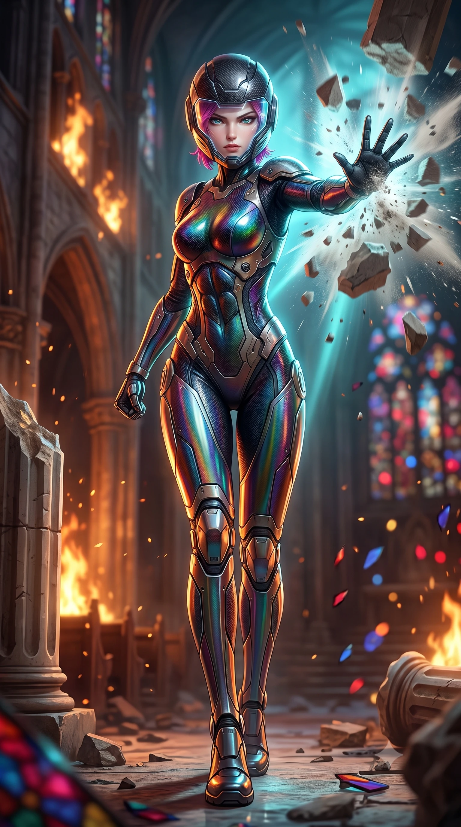 score_9, masterpiece, best quality, ultra-detailed, high-budget anime keyframe, semi-realistic 3D game render, editorial fashion photography, tasteful artistic composition, Caucasian woman. low angle full-body shot from head to toe showing her feet, filling the entire 9:16 vertical frame with her statuesque presence, stretching her vertical silhouette. striding forward with sovereign warrior elegance in a low, predatory combat advance through the ruins, hips swaying with fierce athletic poise while delivering a supersonic kinetic palm strike that shatters falling masonry in a radial blast of air and dust. The composition keeps background elements in soft focus with creamy bokeh. burning cathedral arches and scattered stained-glass jewel fragments blurred into rich ruby, sapphire, and gold bokeh. She has an absolutely perfect, statuesque 8.5-heads proportion, an exceptionally tall and slender model-like female figure with impossibly long slender legs, a toned flat midriff, and an ultra-slim waist. sharp v-shaped jawline, high-bridge nose, intricate jewel-like eyes with depth, thick eyelashes, glossy lips with a natural sheen, fierce and resolute heroine expression, flawlessly proportioned anatomical accuracy, strict slender model proportions, natural body alignment, perfectly sculpted long slender limbs, ultra-slim waistline, clean dynamic posture without body distortion. wearing an open-face aerodynamic carbon-fiber combat helmet with a retracted transparent holographic HUD visor framing her sharp jawline and jewel-like eyes, paired with an ultra-sleek high-gloss carbon-composite exoskeleton suit featuring kinetic shock-absorbing shin guards and flexible limb articulation joints in high-gloss iridescent rainbow carbon with scorched titanium plating, made of liquid carbon-jersey fabric accentuating every curve of her tall, slender model proportions, finished with high-mobility flexible armor articulation seams and miniature magnetic locks, the liquid-tight tailored fabric emphasizing every curve of her tall, slender model proportions and sculptured silhouette during dynamic movement. bathed in flickering candlelight and blazing fires with cool cyan kinetic energy backlighting. rich saturated anime colors with glowing neon highlights, detailed shading with soft gradients, rich glossy textures, high-contrast stereoscopic depth, volumetric dynamic lighting, master piece, 9:16 ratio