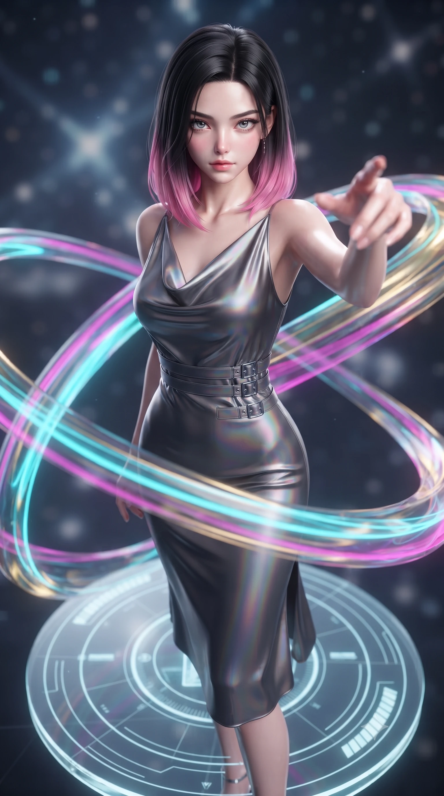 score_9, masterpiece, best quality, ultra-detailed, high-budget anime keyframe, editorial fashion photography, tasteful artistic composition, Korean woman. close-up cowboy shot from the waist and thighs up, the character dominates the composition, filling the frame with her large presence, background elements kept in soft focus. Reaching her hand gracefully toward the camera with magnetic allure, her torso turning in a dynamic S-curve alignment while balancing on a glowing glass disk while luminescent ribbons swirl in zero-gravity, fluorescent cyan, magenta, and gold plasma ribbons crossing in 3D space. She has an exceptionally elegant, slender, and willowy female figure with an ultra-slim waist, a gracefully sculpted slender torso, and a refined silhouette. sharp v-shaped jawline, high-bridge nose, intricate jewel-like eyes with depth, thick eyelashes, glossy lips with a natural sheen, flawlessly proportioned anatomical accuracy, natural body alignment, perfectly sculpted elegant limbs, clean dynamic posture without body distortion. wearing an elegant cowl-neck satin midi dress with a graceful draped neckline in charcoal grey and platinum, crafted from iridescent chiffon that shifts colors in the light, detailed with polished silver buckles along the waistline, the sleek second-skin texture accentuating her magnetic presence. bathed in sharp geometric laser grid highlights and soft ambient fill. ultra-reflective glossy finish, specular highlights, metallic sheen, high-contrast stereoscopic depth, volumetric dynamic lighting, 2k, ultra detail, master piece, 9:16 ratio
