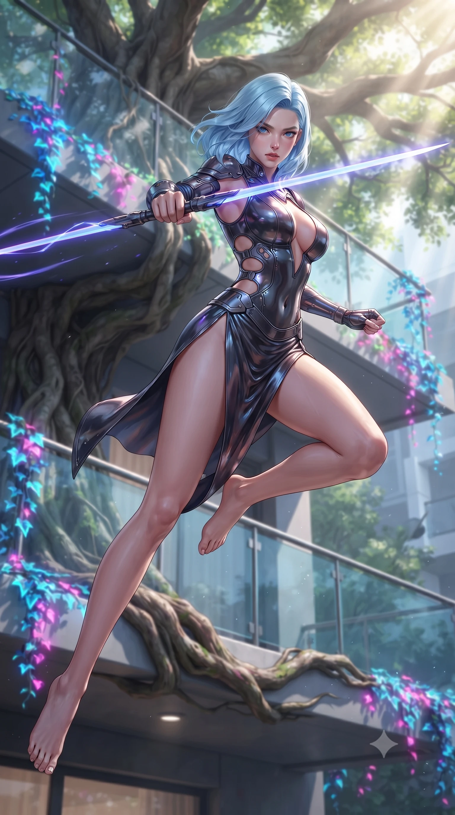 score_9, masterpiece, best quality, ultra-detailed, high-budget anime keyframe, editorial fashion photography, tasteful artistic composition, Korean woman. low angle full-body shot from head to toe showing her feet, filling the entire 9:16 vertical frame with her statuesque presence, stretching her vertical silhouette. leaping forward while slashing with a twin-bladed plasma sword in mid-air, her body-contouring suit showing her athletic silhouette, the background shows a soft-focus a banyan tree balcony decorated with climbing neon ivy and glass railings. She has an absolutely perfect, statuesque 8.5-heads proportion, an exceptionally tall and slender model-like female figure with impossibly long slender legs and an ultra-slim waist. sharp v-shaped jawline, high-bridge nose, intricate jewel-like eyes with depth, thick eyelashes, glossy lips with a natural sheen. wearing a body-hugging deep plunging-V neck bodycon armor top, featuring keyhole cutouts along the ribs and a thigh-slit wrap skirt. bright morning sun rays creating fresh and energetic shadows on her gear. ultra-reflective glossy finish, specular highlights, metallic sheen, high-contrast stereoscopic depth, volumetric dynamic lighting, 2k, ultra detail, master piece, 9:16 ratio