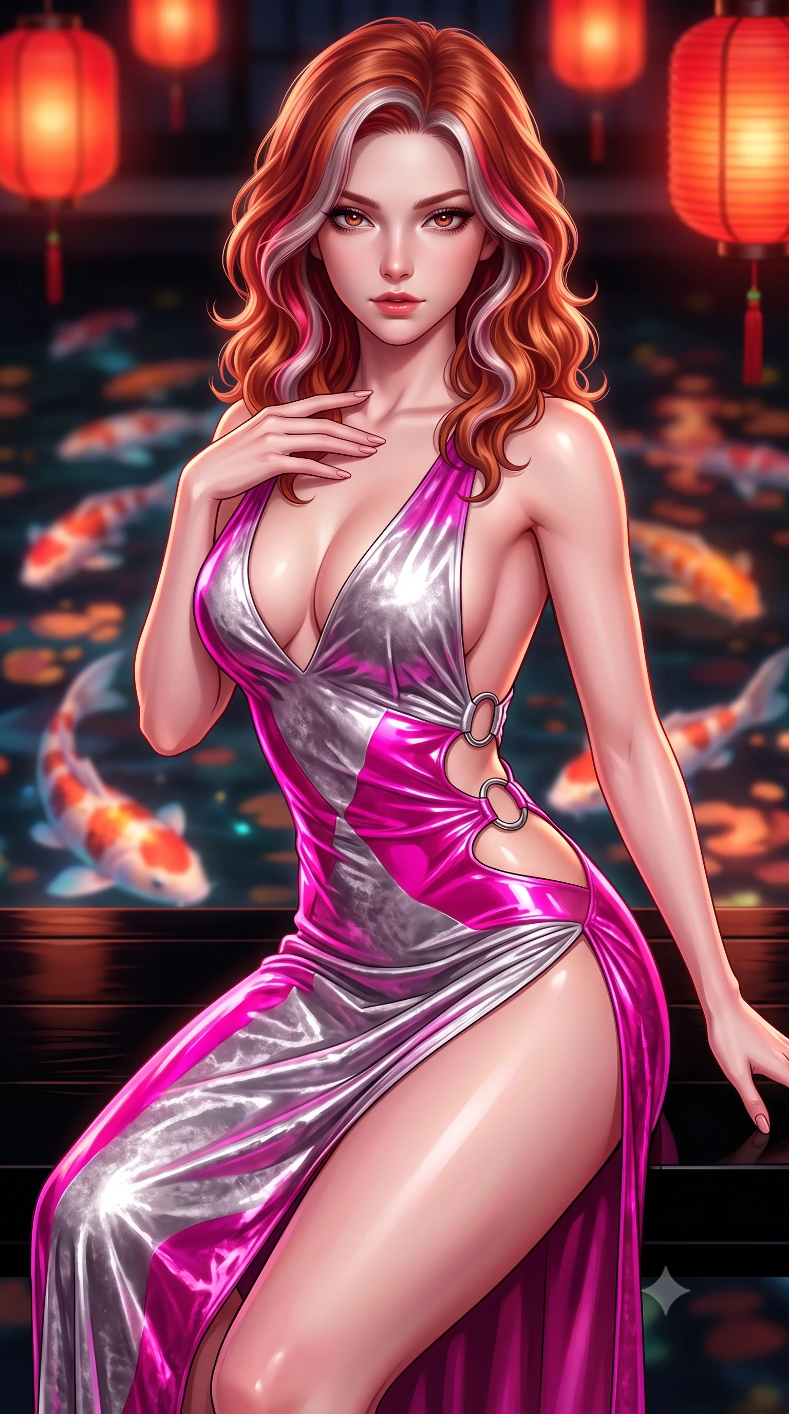 score_9, masterpiece, best quality, ultra-detailed, high-budget anime keyframe, semi-realistic 3D game render, editorial fashion photography, tasteful artistic composition, Caucasian woman. close-up cowboy shot from the waist and thighs up, the character dominates the composition, filling the frame with her large presence. leaning forward with a dangerous, enticing smolder, resting one hand near her collarbone while casting a fiery, magnetic direct gaze while sitting on a polished black lacquer veranda overlooking a glowing holographic koi pond. The composition keeps background elements in soft focus with creamy bokeh. glowing red paper lanterns and swimming holographic koi blurred into warm oriental bokeh. She has an exceptionally elegant, slender, and willowy female figure with an ultra-slim waist, a gracefully sculpted slender torso, and a refined silhouette. sharp v-shaped jawline, high-bridge nose, intricate jewel-like eyes with depth, thick eyelashes, glossy lips with a natural sheen, flawlessly proportioned anatomical accuracy, natural body alignment, perfectly sculpted elegant limbs, clean dynamic posture without body distortion. wearing a backless crushed velvet gown with a deep V-neckline, strategic hip cutouts, and an ultra-high thigh slit in chromatic platinum and blazing neon magenta, crafted from ultra-reflective second-skin latex with a glass-like polish, detailed with polished silver rings connecting the daring side-waist cutouts, the liquid-tight fabric adhering flawlessly to her sculpted torso and slender silhouette. surrounded by an intimate, exotic, and captivatingly sensual oriental cyber atmosphere. highly saturated vibrant anime colors, detailed shading with soft gradients, rich glossy textures, high-contrast stereoscopic depth, volumetric dynamic lighting, master piece, 9:16 ratio