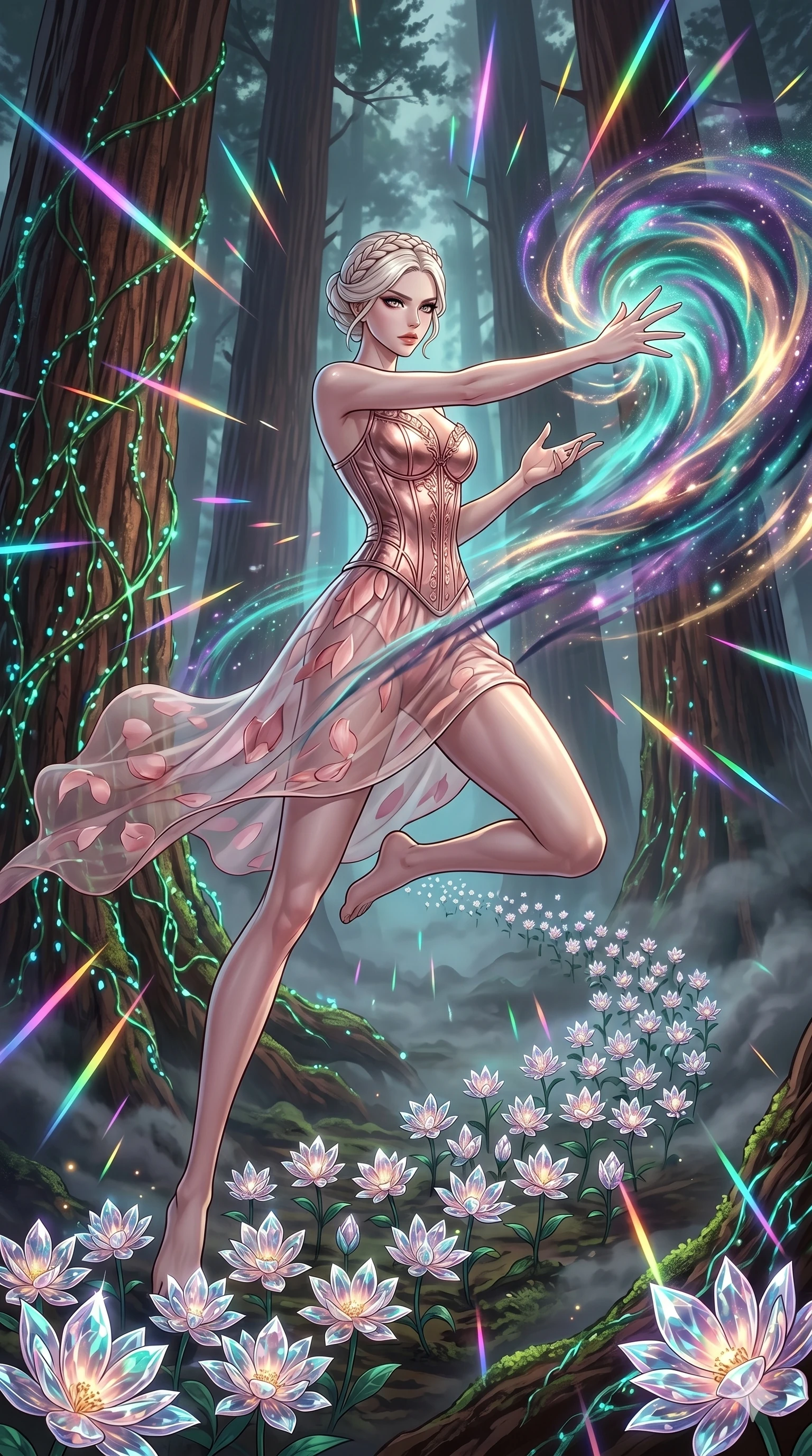 score_9, masterpiece, best quality, ultra-detailed, Set A: High-budget Anime Keyframe, Korean woman. Low angle cowboy shot filling the entire 9:16 frame with her statuesque presence. Theme: Abstract Cosmic. unleashing a massive energy wave in a giant redwood forest with glowing vines, while she leaves a trail of 56 blooming crystal flowers. The atmosphere is filled with heavy smog with neon flares. She has an absolutely perfect 8-heads proportion, an exceptionally tall and slender female figure with impossibly long slender legs and an ultra-slim waist. Sharp v-shaped jawline, high-bridge nose, intricate jewel-like eyes with depth, glossy lips. Wearing Rose-gold metallic corset over a sheer petal-patterned silk dress. Cinematic lighting, vivid colors, dramatic shadows, 2k, ultra detail, master piece, 9:16 ratio