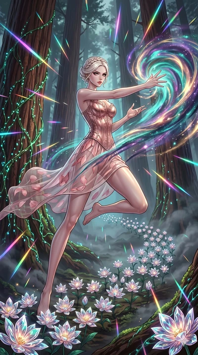 score_9, masterpiece, best quality, ultra-detailed, Set A: High-budget Anime Keyframe, Korean woman. Low angle cowboy shot filling the entire 9:16 frame with her statuesque presence. Theme: Abstract Cosmic. unleashing a massive energy wave in a giant