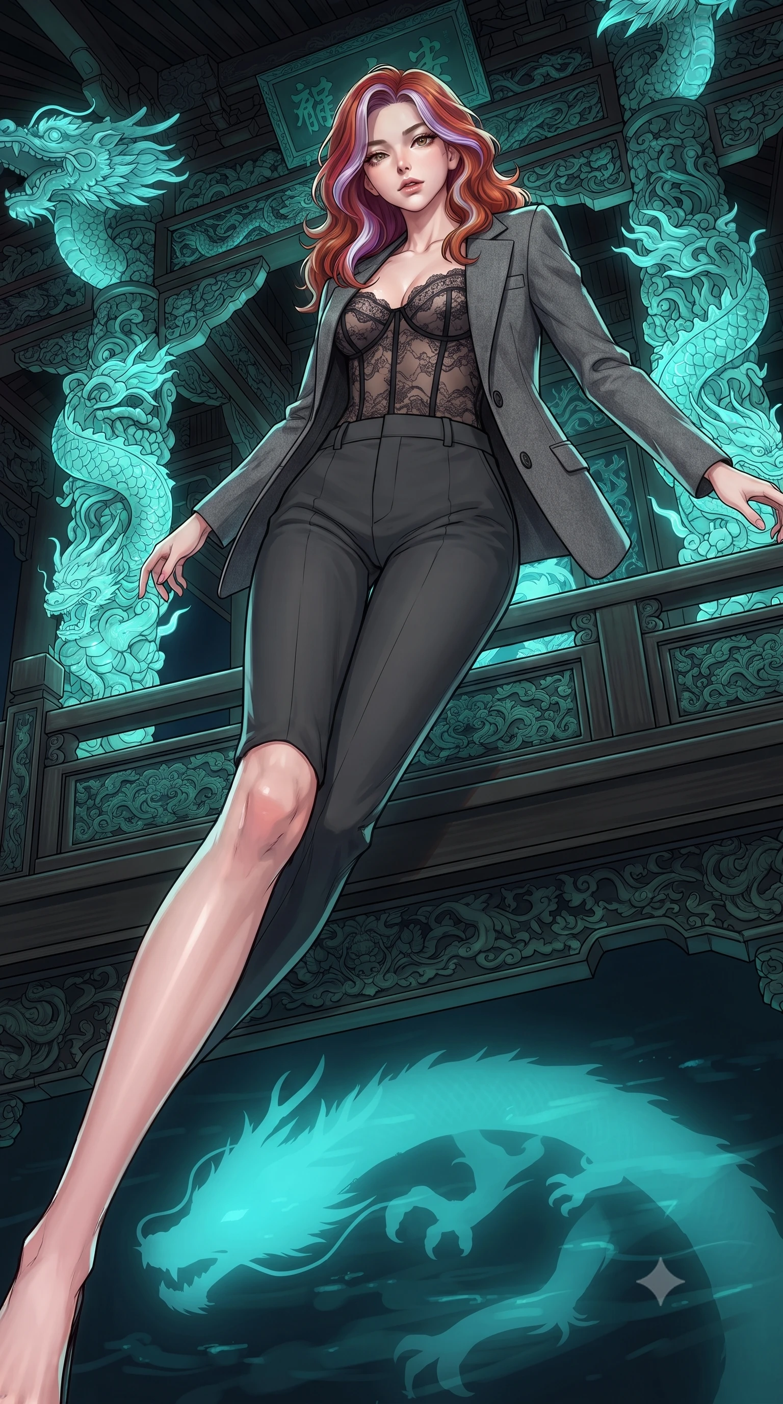 score_9, masterpiece, best quality, ultra-detailed, high-budget anime keyframe, gorgeous anime illustration, with clean line-art and distinct ink outlines, Caucasian woman, strictly human ears. low angle full-body shot from head to toe showing her feet, filling the entire 9:16 vertical frame with her statuesque presence, stretching her vertical silhouette. threading her way through on the balcony of a high pagoda decorated with jade dragon carvings, overlooking a lake with a giant glowing dragon silhouette visible beneath the dark water. She has a statuesque 8.5-heads proportion, an exceptionally tall, slender and willowy model-like build with impossibly long legs and a highly sculpted ultra-slim waist. sharp v-shaped jawline, high-bridge nose, intricate jewel-like eyes with depth, thick eyelashes, glossy lips with a natural sheen. wearing a tailored grey wool blazer over a sheer black lace corset top, paired with charcoal tailored slacks. soft aqua bioluminescent light making her skin luminously glow against darkness. 2k, ultra detail, master piece, 9:16 ratio, vibrant anime color palette, detailed cel-shading with soft gradients, rich contrast, dynamic lighting, 2d animation style