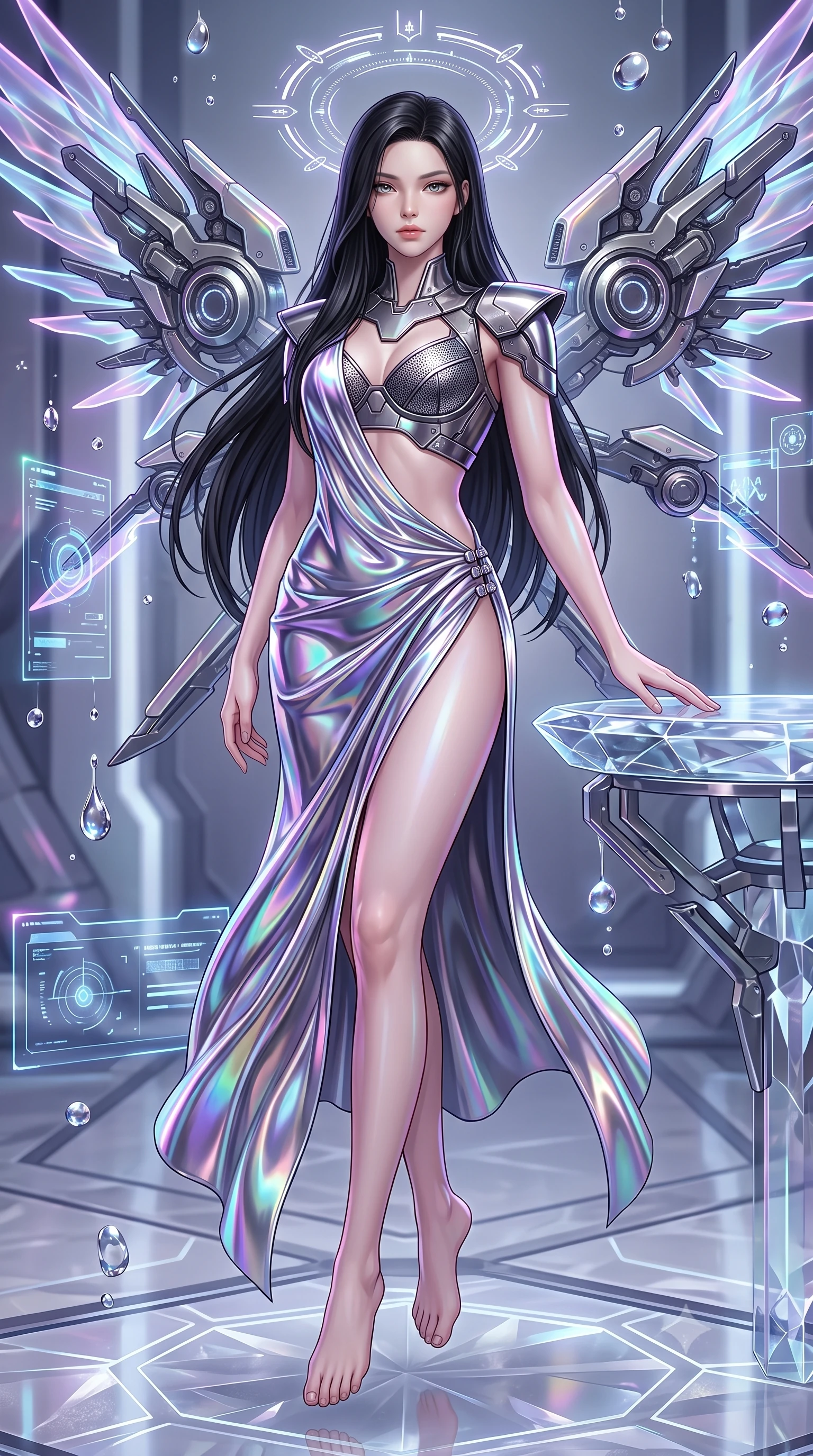 score_9, masterpiece, best quality, ultra-detailed, high-budget anime keyframe, semi-realistic 3D game render, editorial fashion photography, tasteful artistic composition, Korean woman. low angle full-body shot from head to toe showing her feet, filling the entire 9:16 vertical frame with her statuesque presence, stretching her vertical silhouette. arching her back gracefully in mid-air as glowing mechanical wings and floating cybernetic halos frame her statuesque presence while resting one hand on the polished crystal glass with a serene, newly-awakened goddess gaze looking directly into the camera. The surrounding environment is rendered in vivid detail and crisp panoramic clarity. sharp holographic halo interface glyphs, quartz floor grain, and fluid droplet beads in high clarity. She has an absolutely perfect, statuesque 8.5-heads proportion, an exceptionally tall and slender model-like female figure with impossibly long slender legs, a toned flat midriff, and an ultra-slim waist. sharp v-shaped jawline, high-bridge nose, intricate jewel-like eyes with depth, thick eyelashes, glossy lips with a natural sheen, flawlessly proportioned anatomical accuracy, strict slender model proportions, natural body alignment, perfectly sculpted long slender limbs, ultra-slim waistline, clean dynamic posture without body distortion. wearing a structured titanium-mesh bustier with geometric shoulder pauldrons and an ultra-slender liquid jersey drape in iridescent holographic chrome with prism violet highlights, crafted from ultra-reflective second-skin liquid metal with a mirror-like polish, finished with an ultra-high side slit secured by miniature magnetic clasps, the form-contouring material adhering flawlessly to her sculpted flat midriff and slender torso, emphasizing her long leg lines and perfectly proportioned willowy build. illuminated by sparkling fluid droplet refractions and crisp specular highlights tracing her slender curves. rich saturated anime colors with glowing neon highlights, detailed shading with soft gradients, rich glossy textures, high-contrast stereoscopic depth, volumetric dynamic lighting, master piece, 9:16 ratio