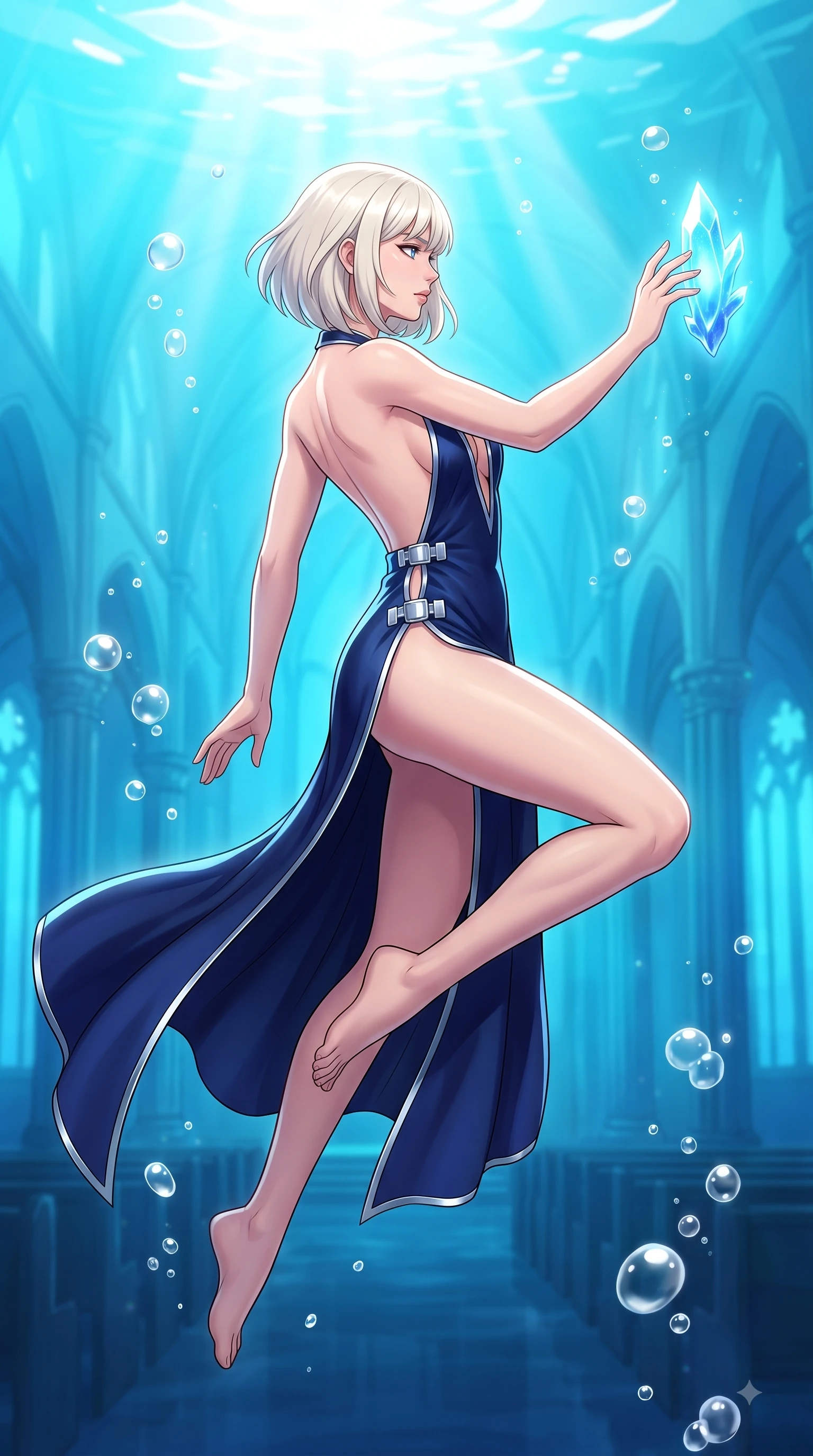 score_9, masterpiece, best quality, ultra-detailed, high-budget anime keyframe, editorial fashion photography, tasteful artistic composition, Caucasian woman. low angle full-body shot from head to toe showing her feet, filling the entire 9:16 vertical frame with her statuesque presence, stretching her vertical silhouette. performing an athletic mid-air rotation with flawless poise, her vertical silhouette beautifully stretched while touching a bioluminescent sea crystal in a sun-drenched underwater cathedral with effortless poise, rising bioluminescent bubbles casting soft pearl-like highlights on her athletic build. She has an absolutely perfect, statuesque 8.5-heads proportion, an exceptionally tall and slender model-like female figure with impossibly long slender legs and an ultra-slim waist. sharp v-shaped jawline, high-bridge nose, intricate jewel-like eyes with depth, thick eyelashes, glossy lips with a natural sheen, flawlessly proportioned anatomical accuracy, natural body alignment, perfectly sculpted elegant limbs, clean dynamic posture without body distortion. wearing a backless crushed velvet gown with a deep V-neckline and high thigh slit in midnight navy blue and chrome trim, crafted from lustrous satin jersey with fluid draping, detailed with polished silver buckles along the waistline, the elegant draped fit framing her graceful clavicle and slender torso. surrounded by a shimmering ocean aura with bright pearl-white specular rim lights. highly saturated vibrant anime colors, detailed shading with soft gradients, rich glossy textures, high-contrast stereoscopic depth, volumetric dynamic lighting, master piece, 9:16 ratio